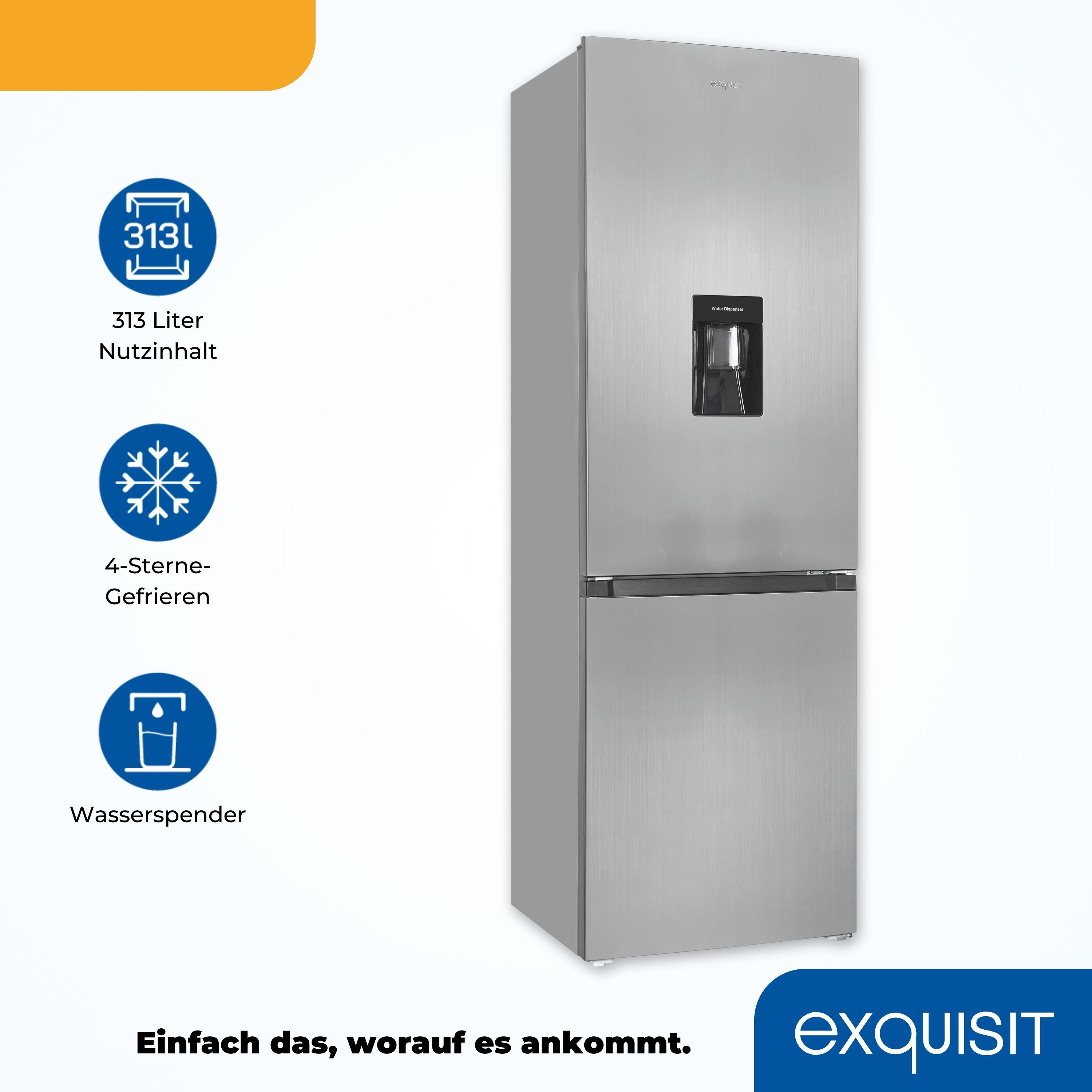 Ein silberner Kühlschrank mit Wasserspender und Informationssymbolen, vor weißem Hintergrund.