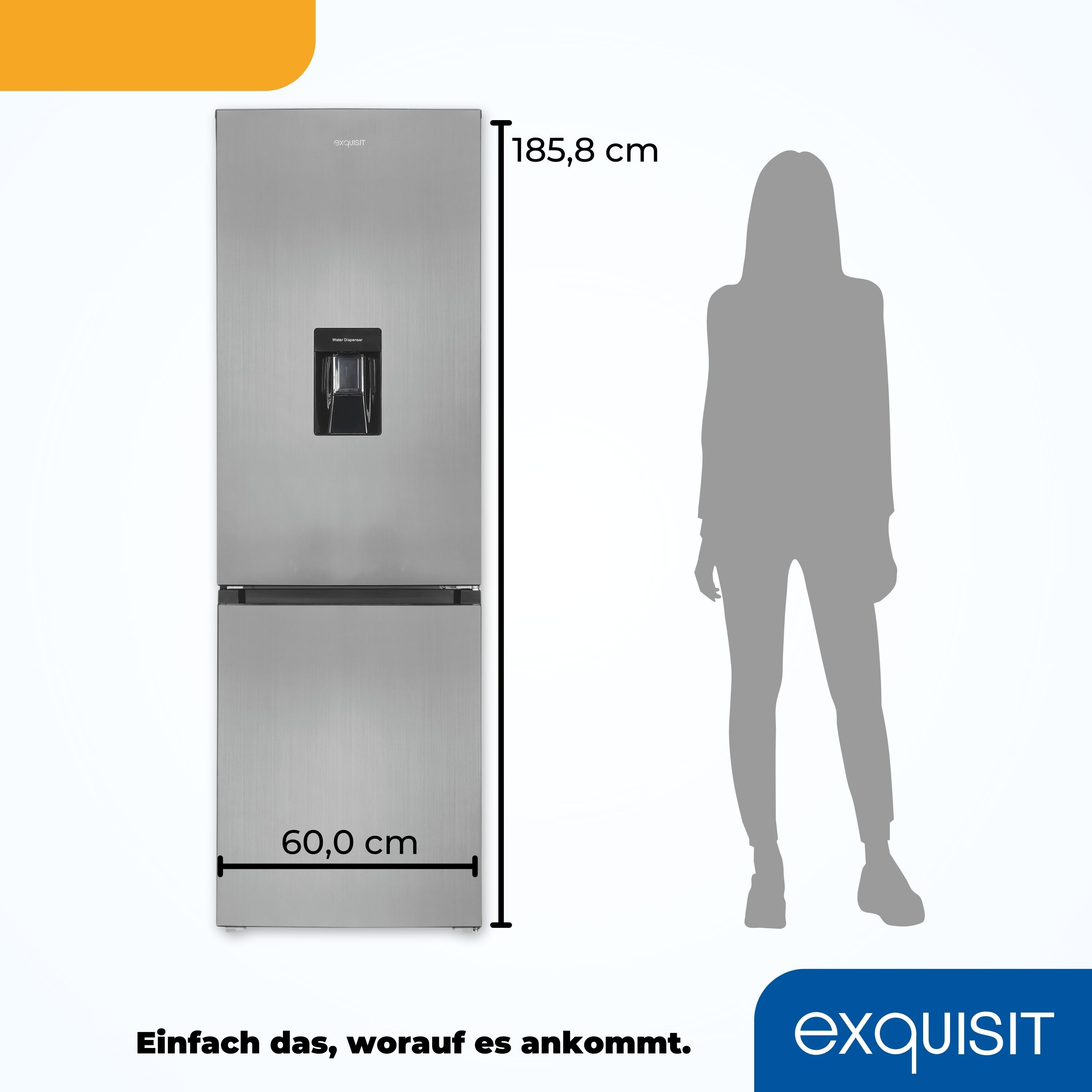 Silberner Kühlschrank mit Umriss einer Frau als Maßstab.