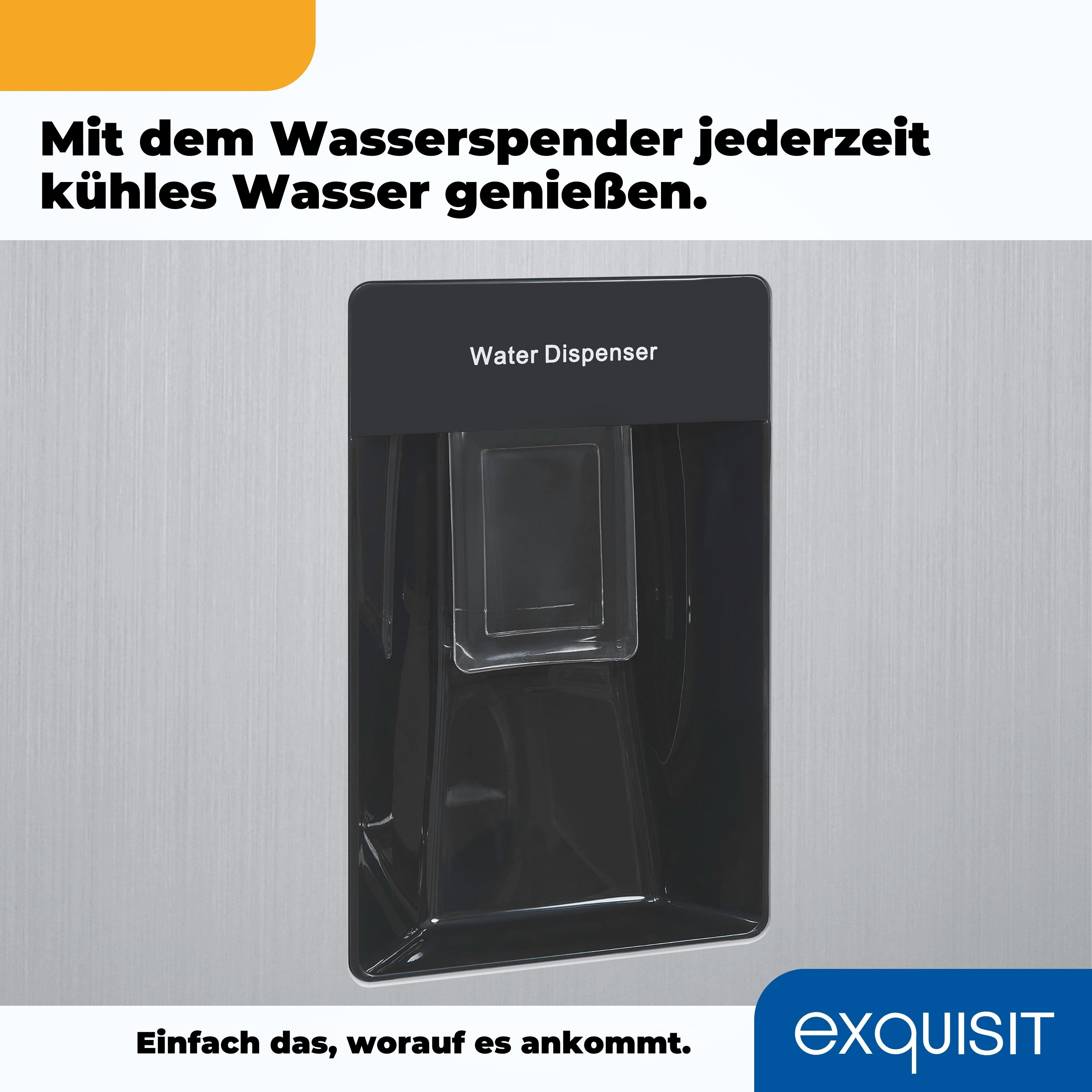 Ein Wasserspender mit schwarzem Wasserauslass auf metallischem Hintergrund mit Text.