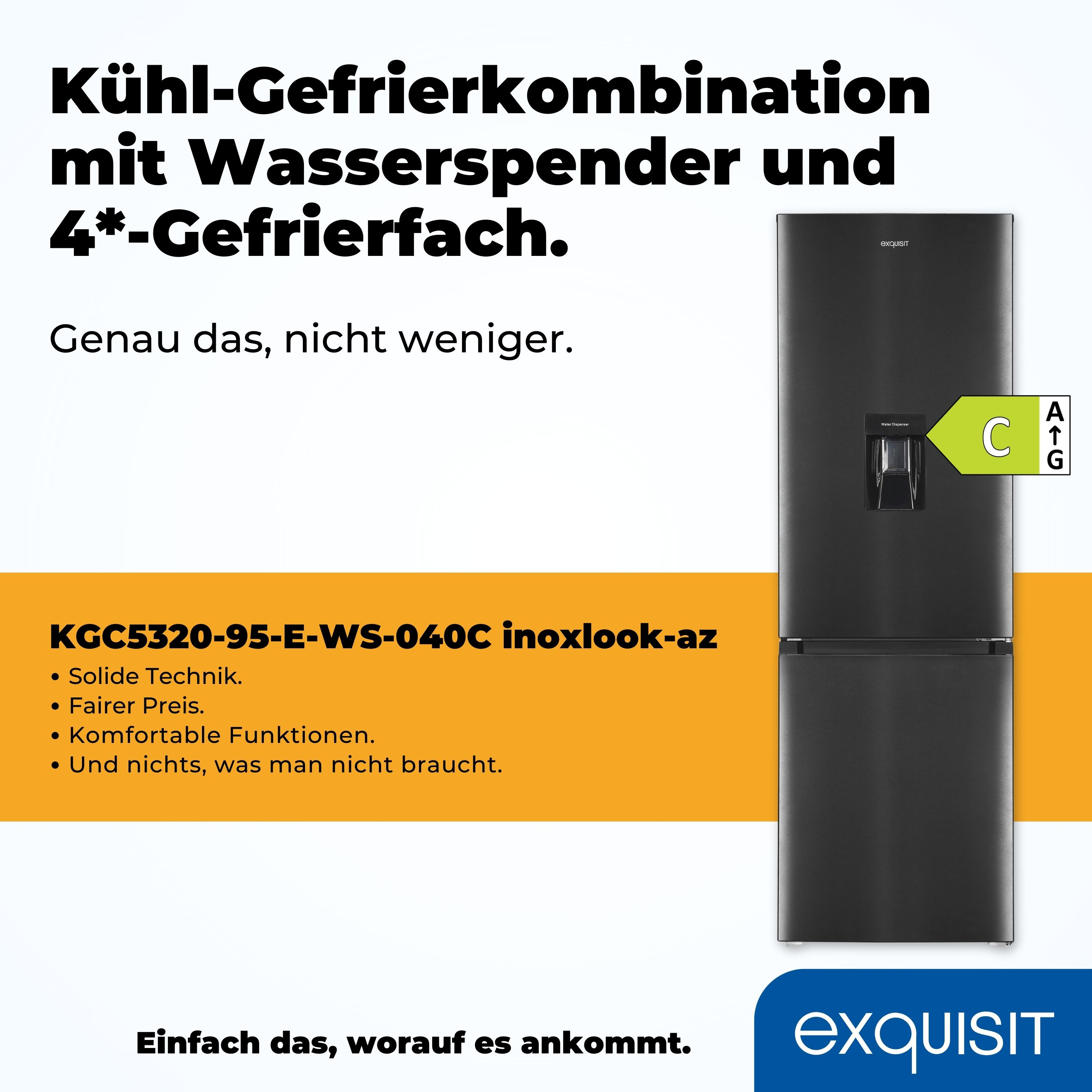 Schwarzer Kühlschrank mit Wasserspender. Text auf Deutsch. Energielabel.
