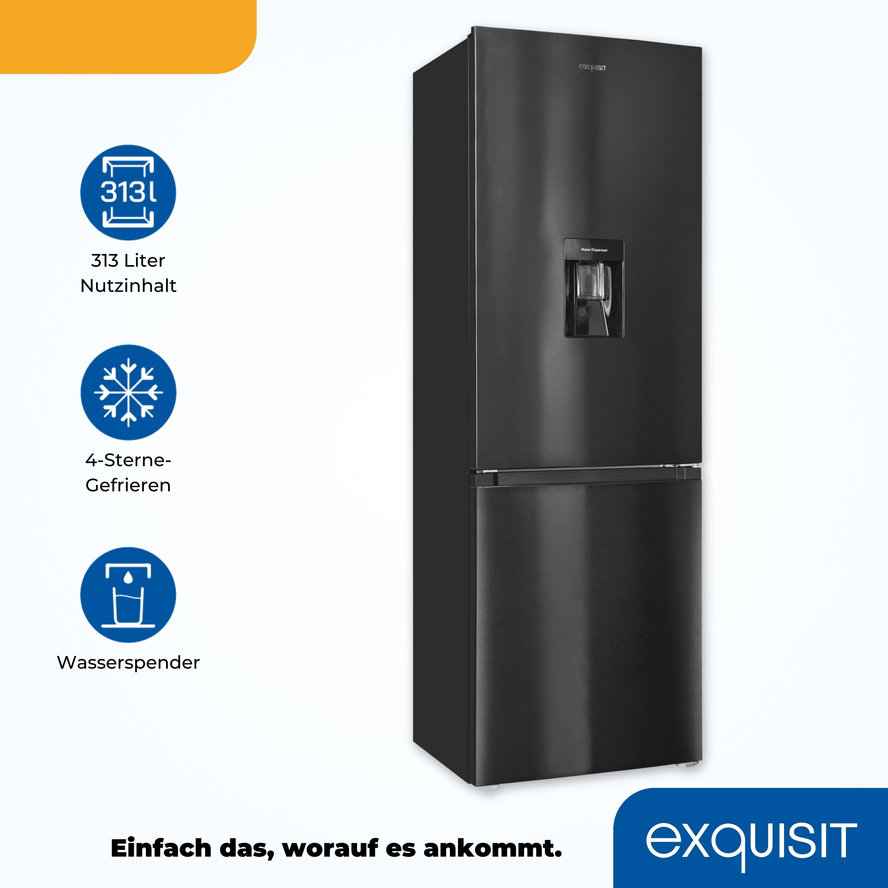 Schwarzer Kühlschrank mit Wasserspender, 313L Fassungsvermögen, 4-Sterne-Gefrieren.