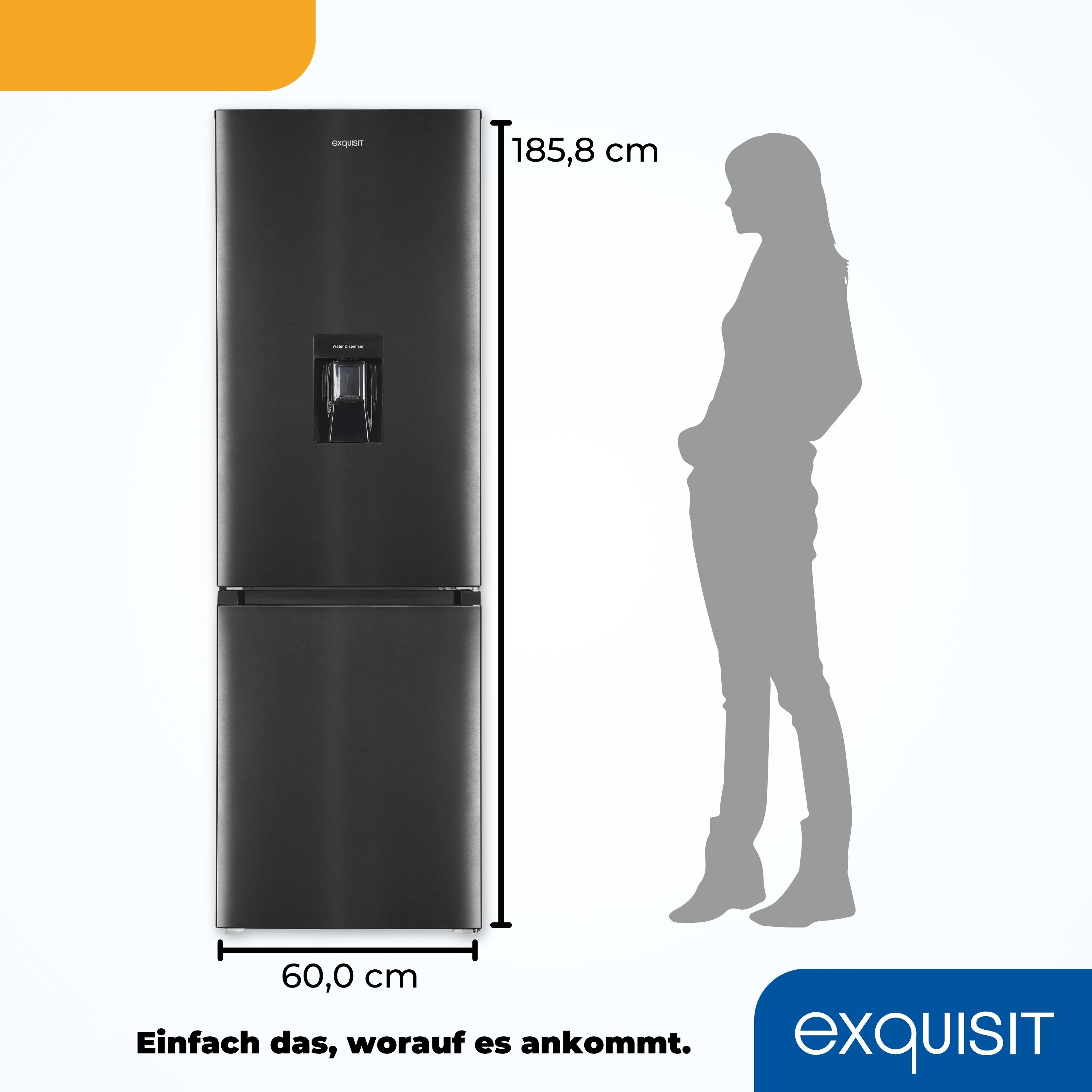 Ein schwarzer Kühlschrank mit Maßen und eine Personensilhouette stehen daneben.