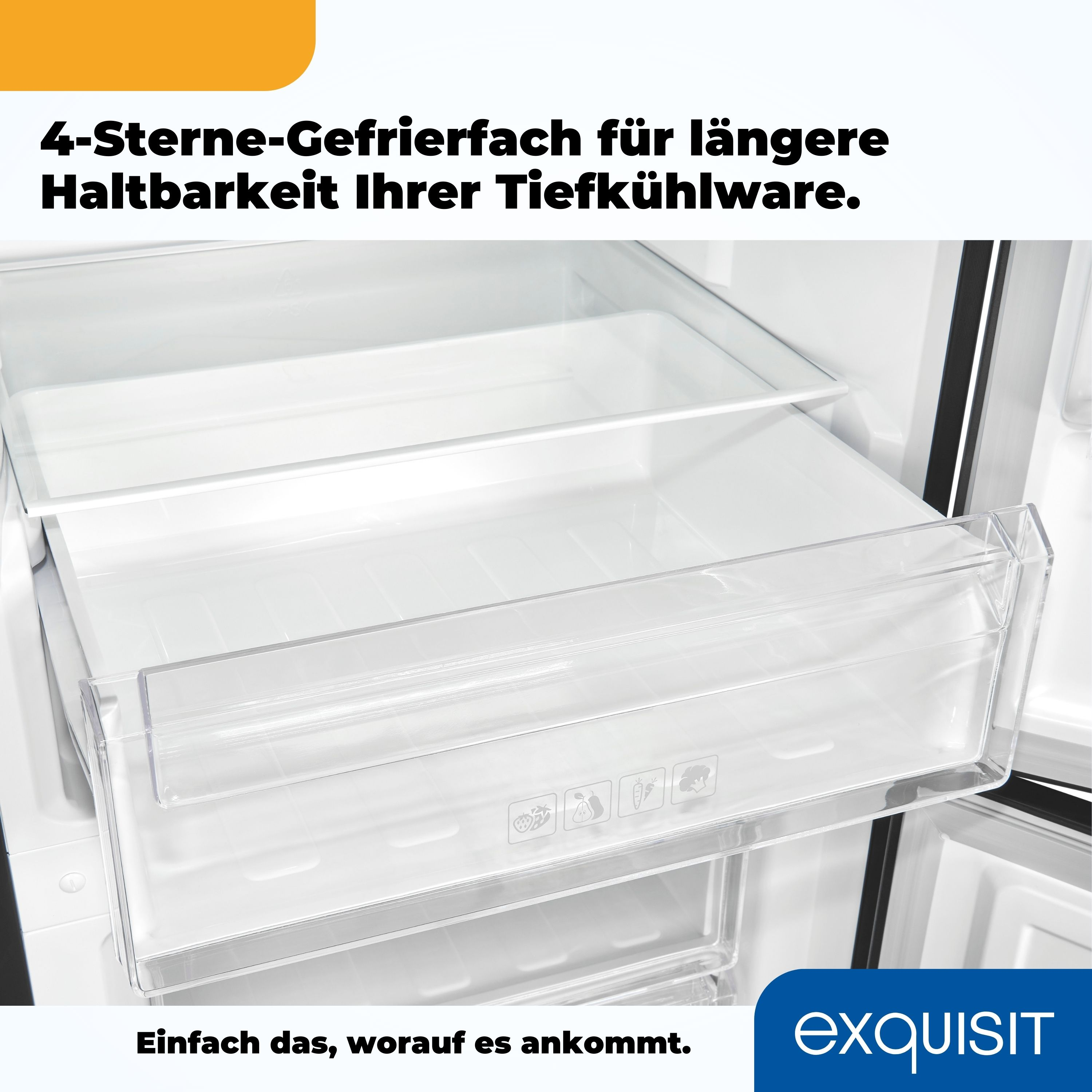 Kühlschrank mit geöffneter weißer Gefrierschublade, mit Text: 4-Sterne-Gefrierfach.