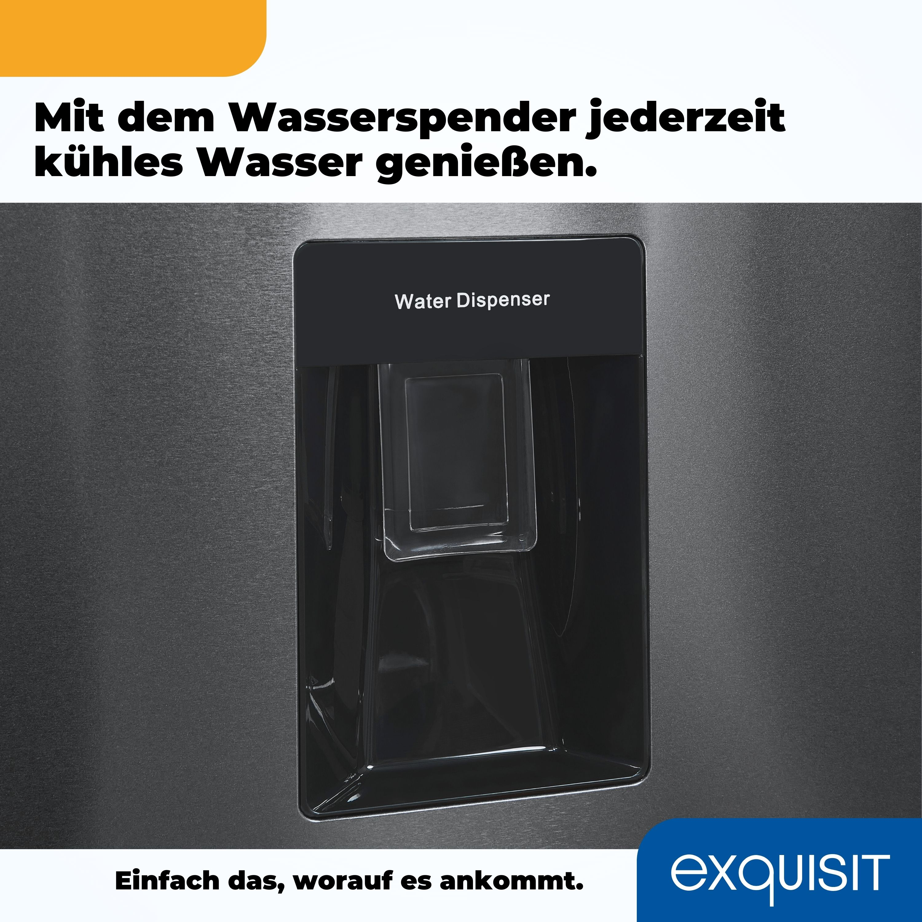 Wasserspender auf dunkler grauer Oberfläche. Text auf Deutsch. Exquisit Logo.