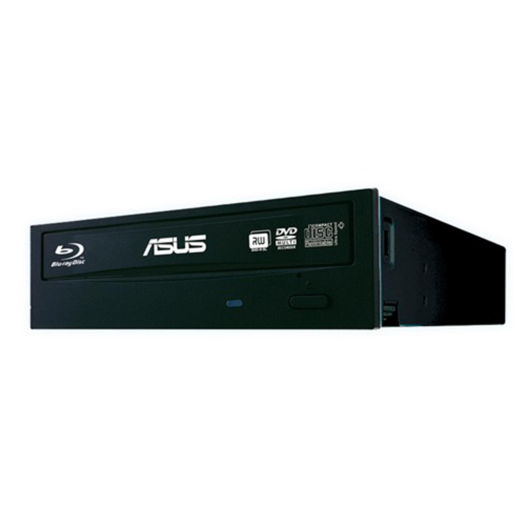 Czarny napęd Blu-ray ASUS. Ma logo ASUS, etykiety DVD i Blu-ray. Na białym tle.
