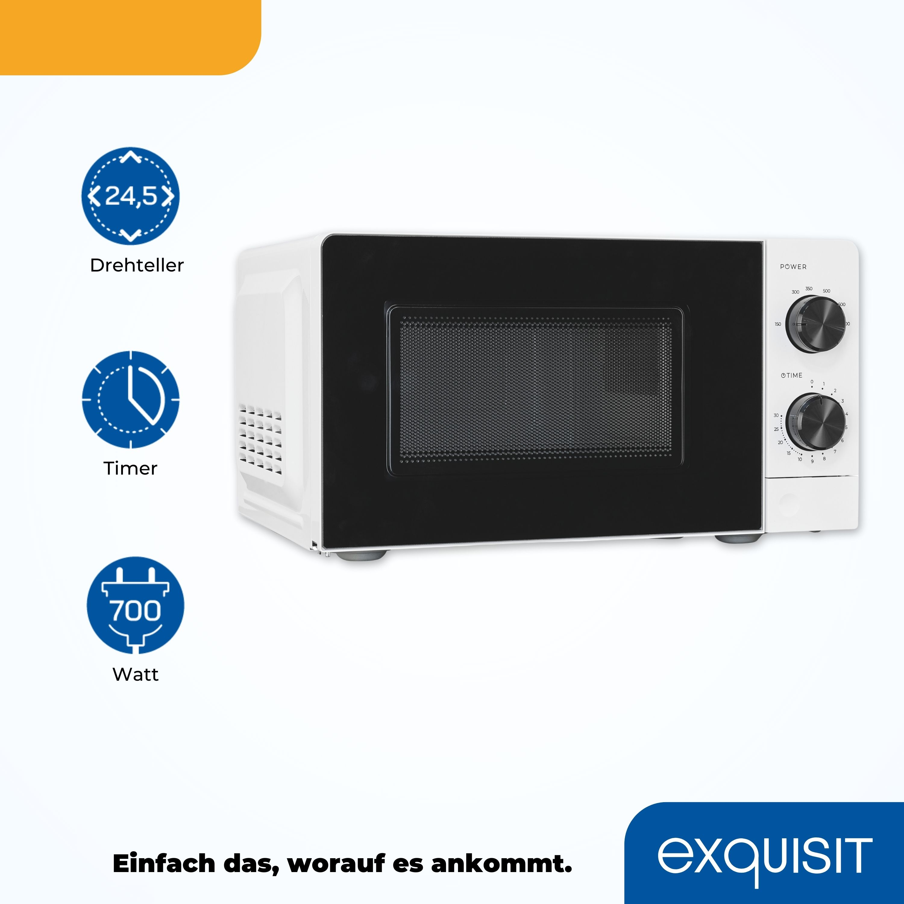 Un forno a microonde bianco con porta e comandi neri, accompagnato da icone delle funzioni.