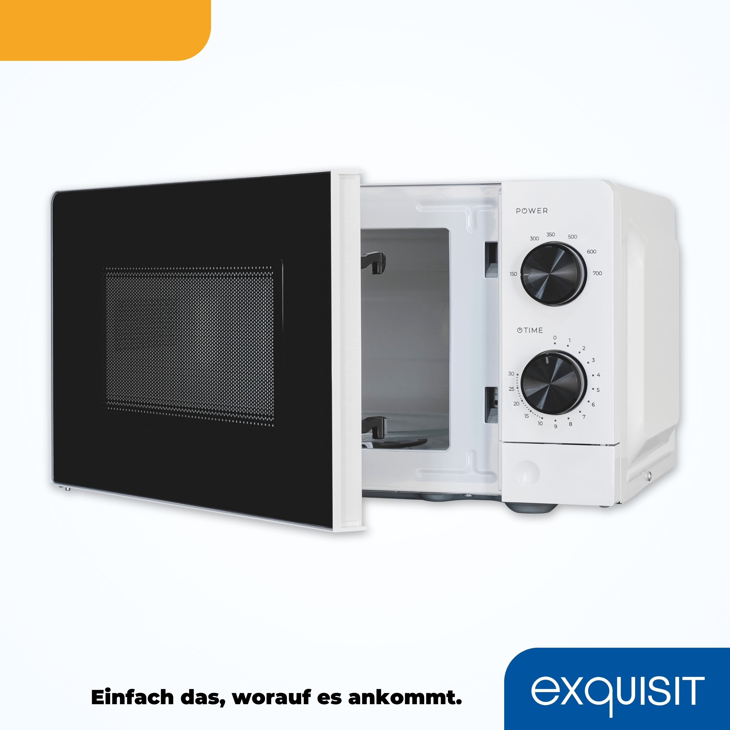 Forno a microonde bianco, porta aperta, che mostra l'interno e i comandi.
