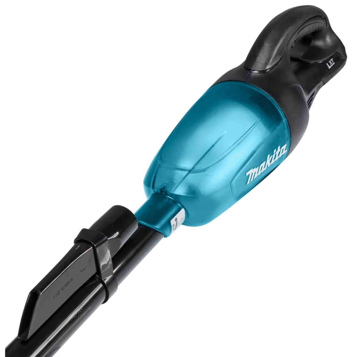 Aspiradora inalámbrica azul y negra. Texto: Makita, LXT.