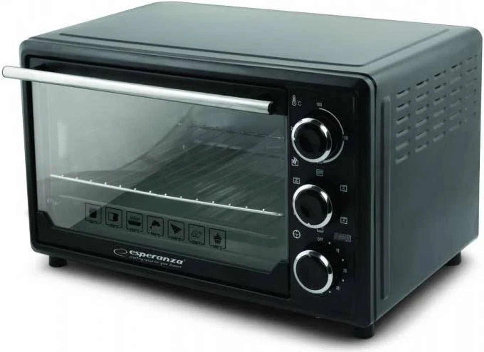 Mini forno Esperanza nero con controlli. Porta in vetro. Maniglia argentata. Sfondo bianco.