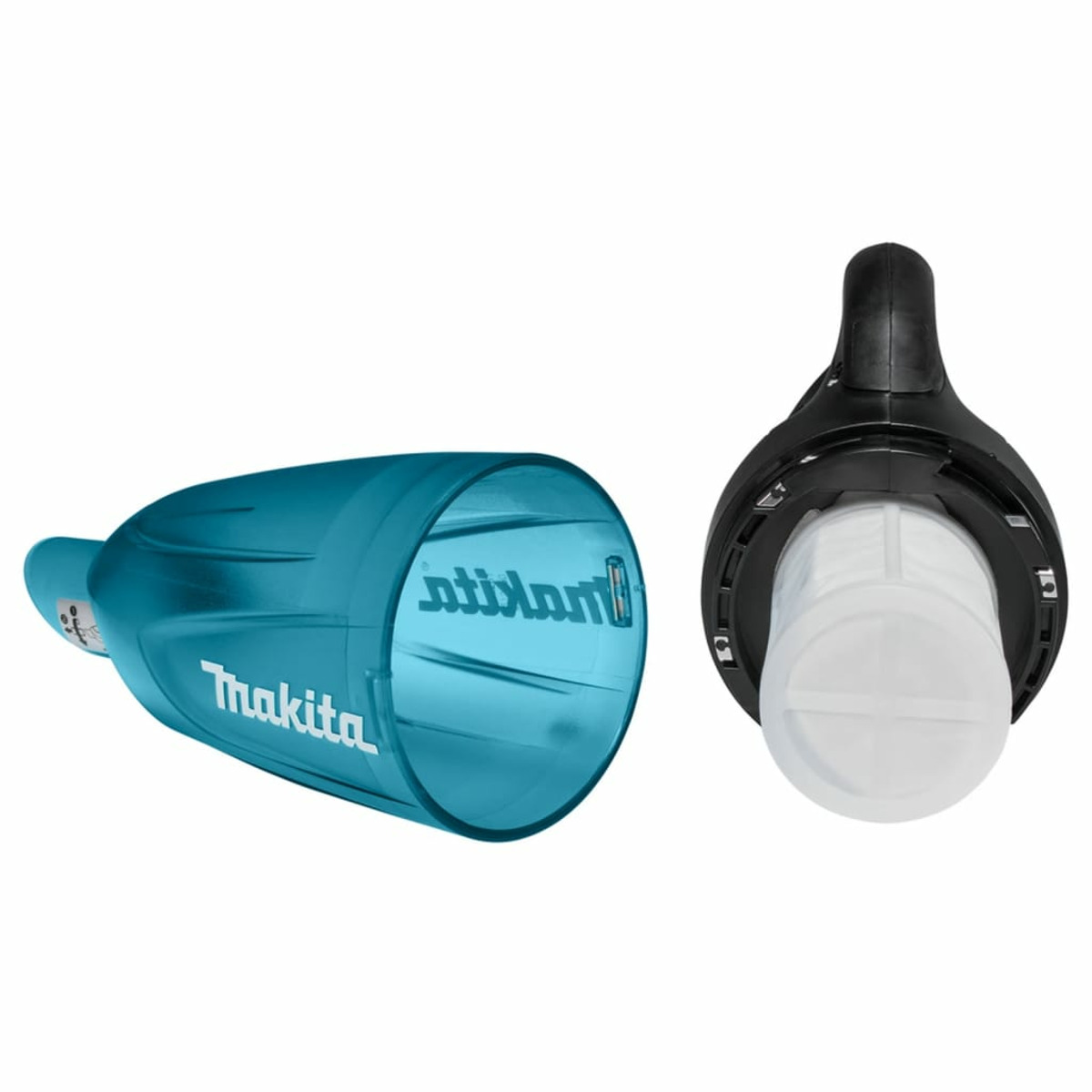 Pieza azul de plástico de aspiradora Makita, con filtro blanco. El logotipo de Makita es visible.