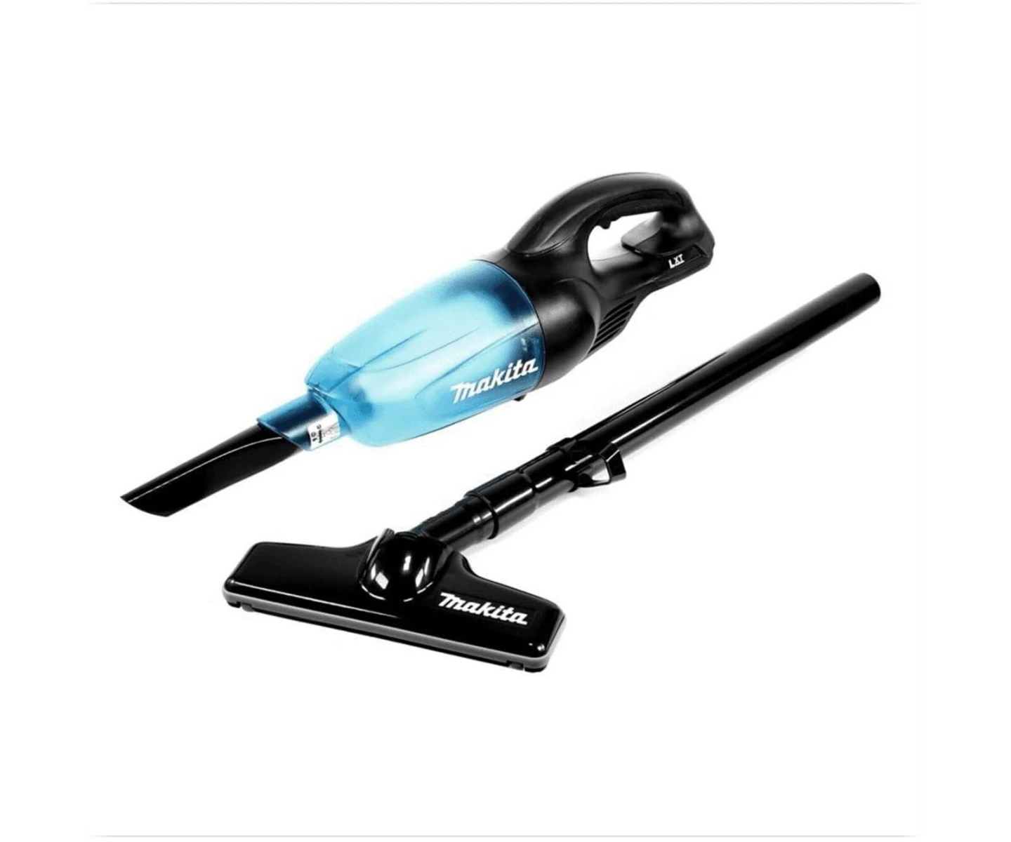 Aspiradora inalámbrica Makita con accesorios. La aspiradora es azul y negra. Fondo blanco.