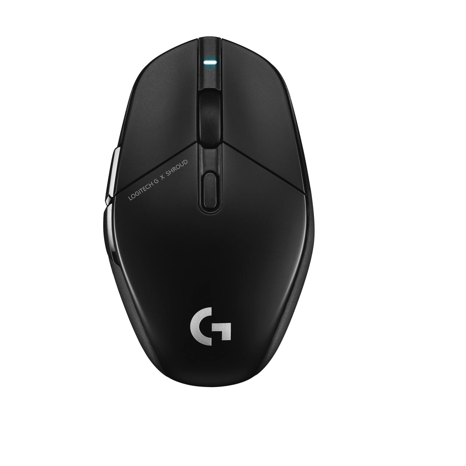 Mouse Logitech G X SHROUD nero, angolato su sfondo bianco.