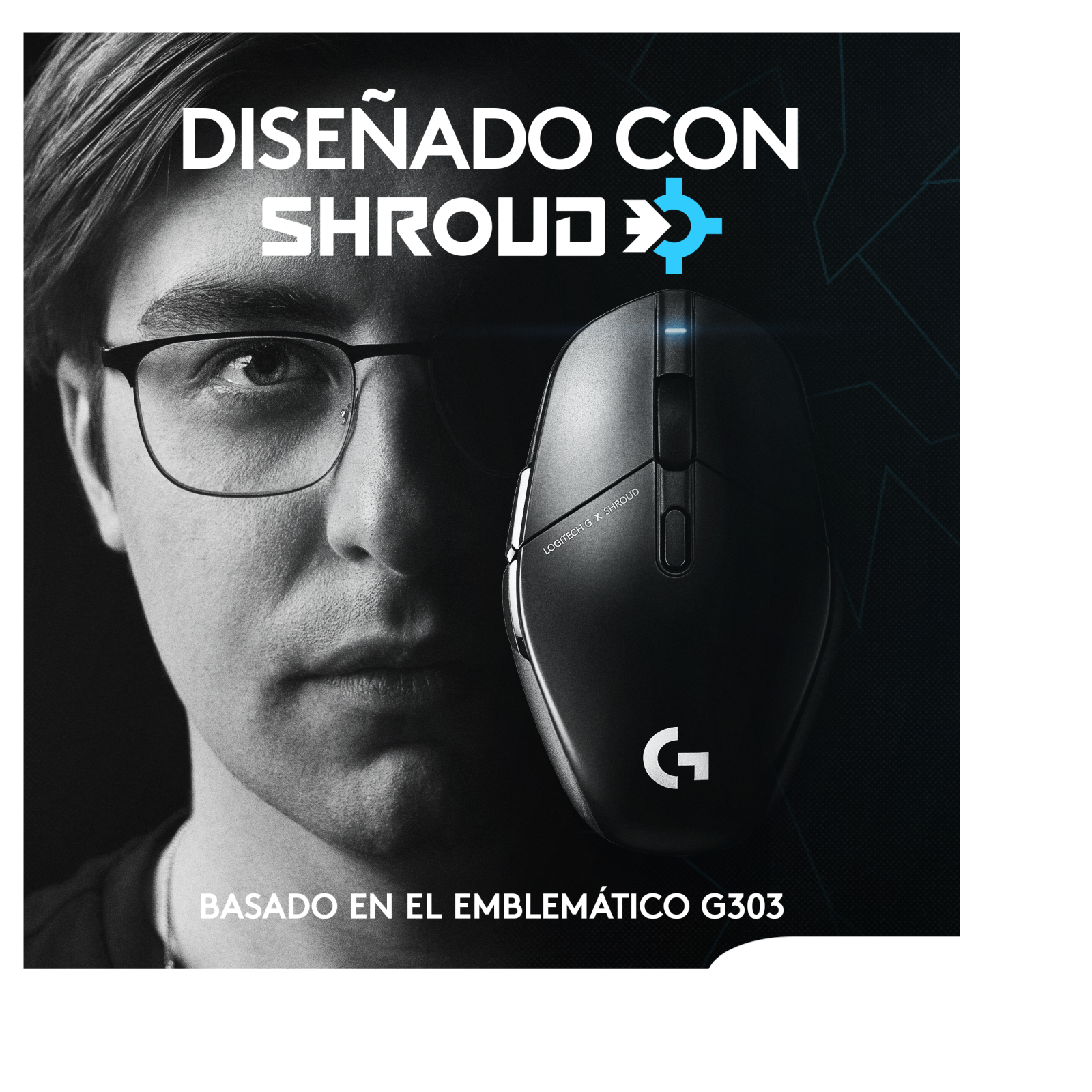 Un uomo con occhiali e un mouse da gioco. Il testo dice 'Designed with Shroud' e 'G'.