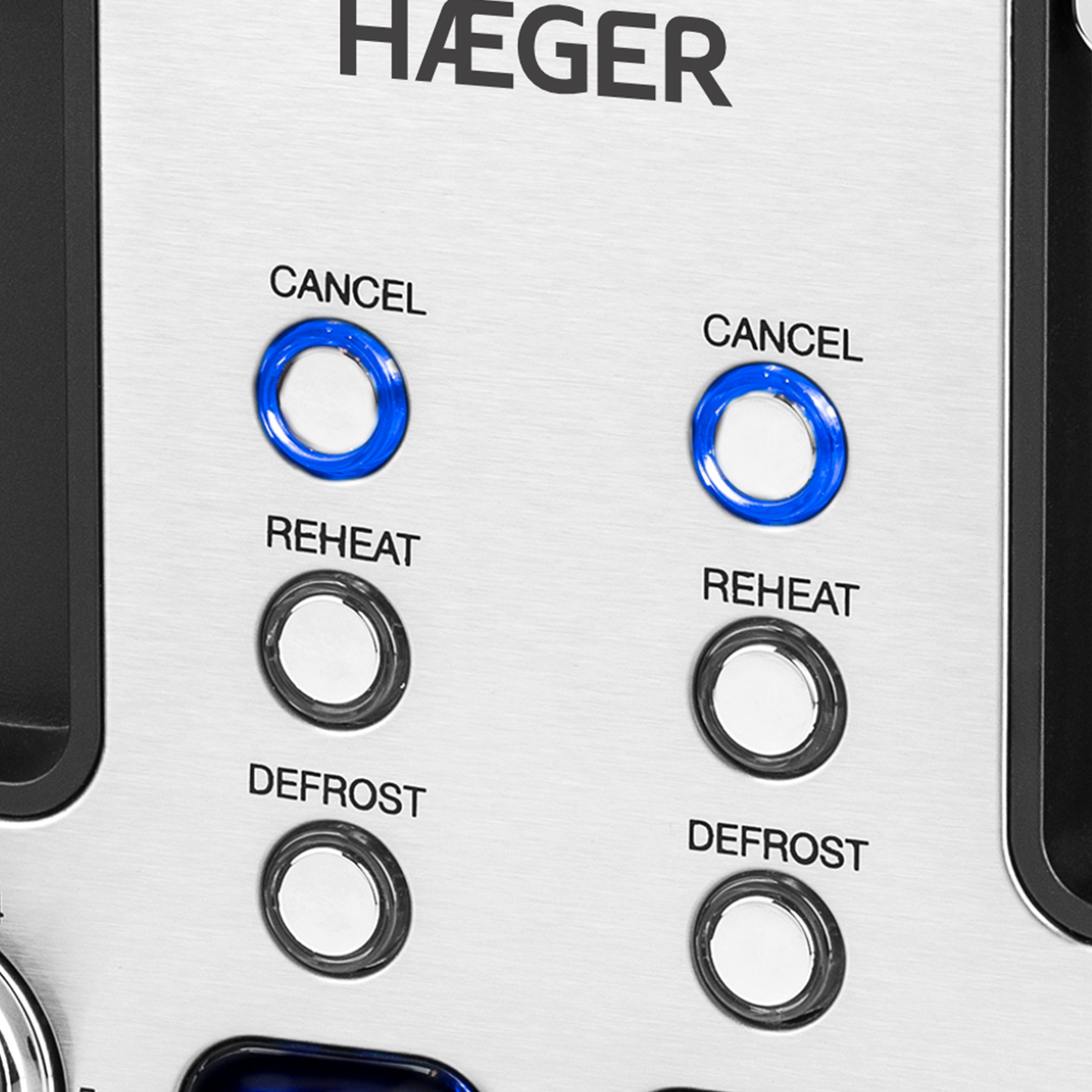 Toaster-Bedienfeld. Tasten für Abbrechen, Aufwärmen und Auftauen. Silberne Oberfläche. Markenname: Häger.