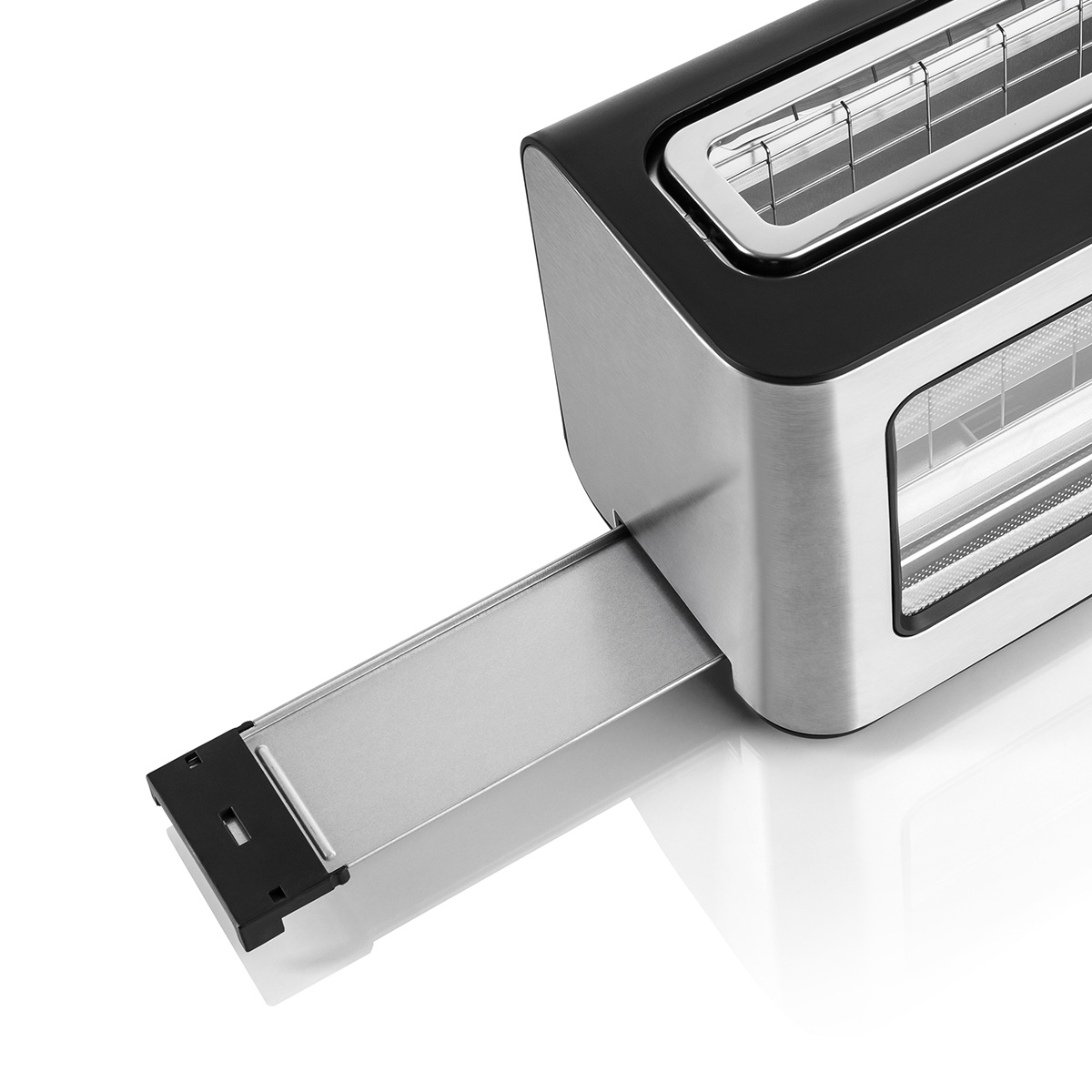 Zbliżenie srebrno-czarnego tostera z wysuniętą tacką na chleb.