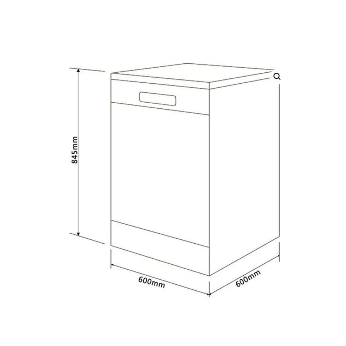 Dibujo lineal de un lavavajillas blanco. Dimensiones: 845mm alto, 600mm ancho y profundidad.