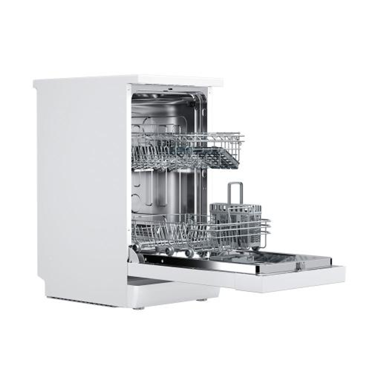 Biała zmywarka z otwartymi drzwiami, pokazująca kosze i wnętrze.