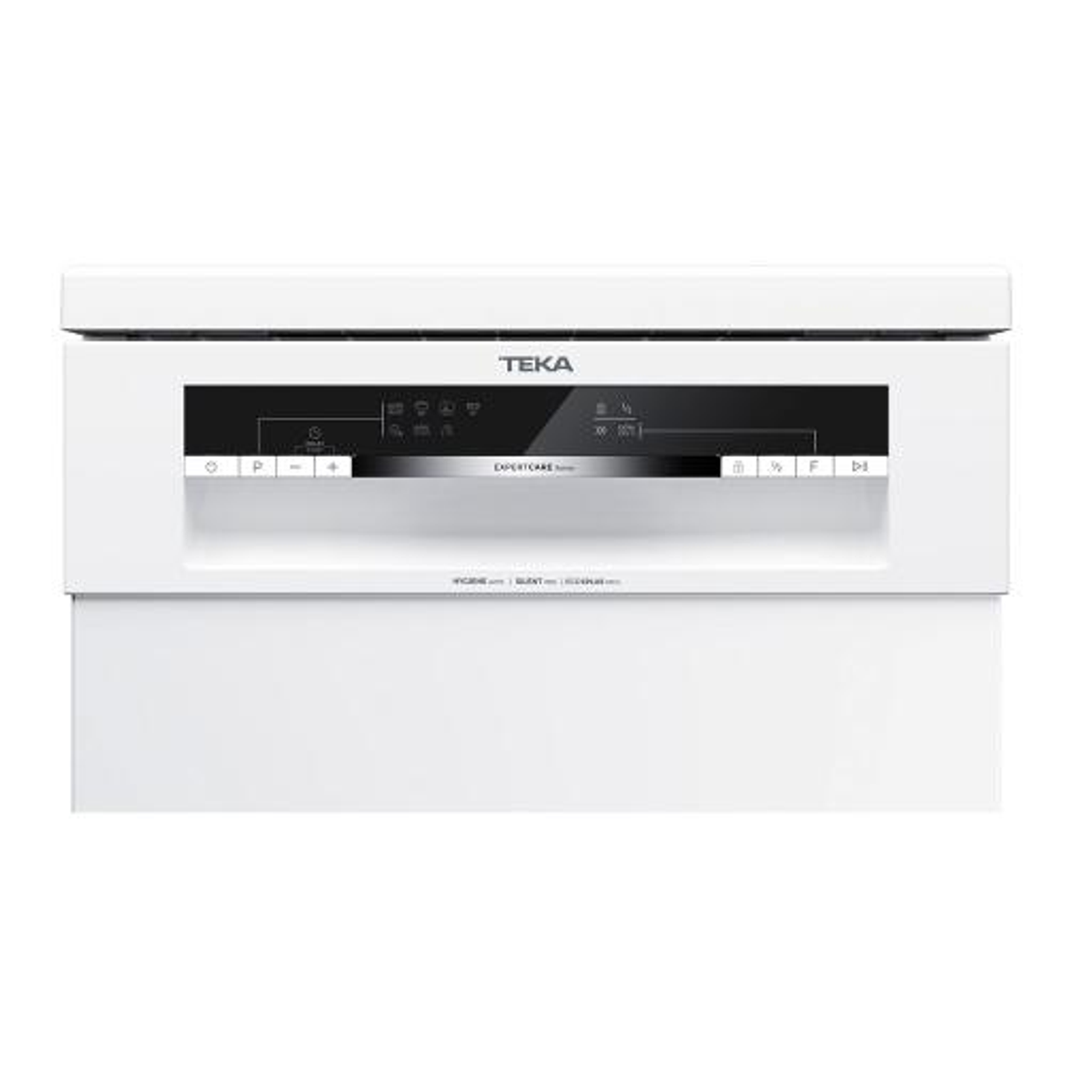 Biały, wbudowany panel sterowania piekarnikiem. Posiada przyciski, ekran i wyświetlacz. Białe tło.