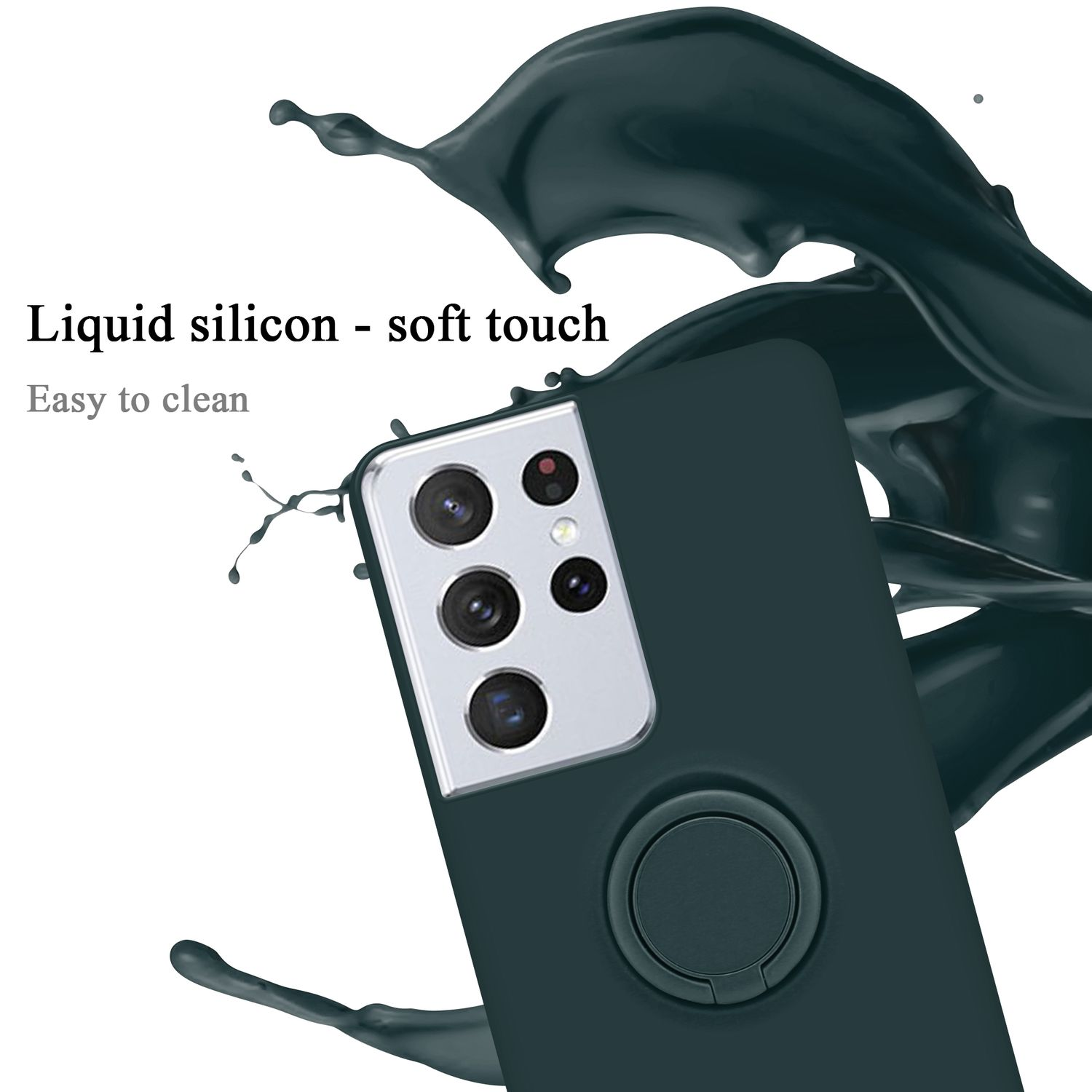 Custodia per telefono verde scuro con anello, sfondo a spruzzi. Testo: Silicone liquido - tocco morbido, facile da pulire.
