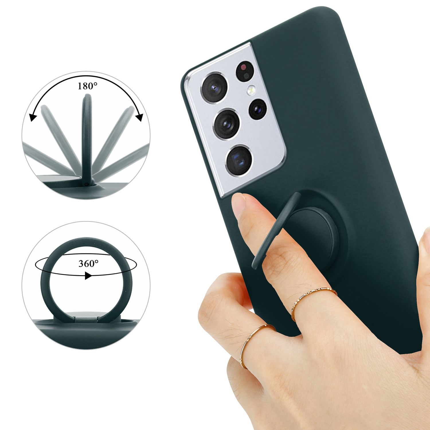 Mano che tiene un telefono con un supporto ad anello esteso. I diagrammi mostrano la rotazione dell'anello.