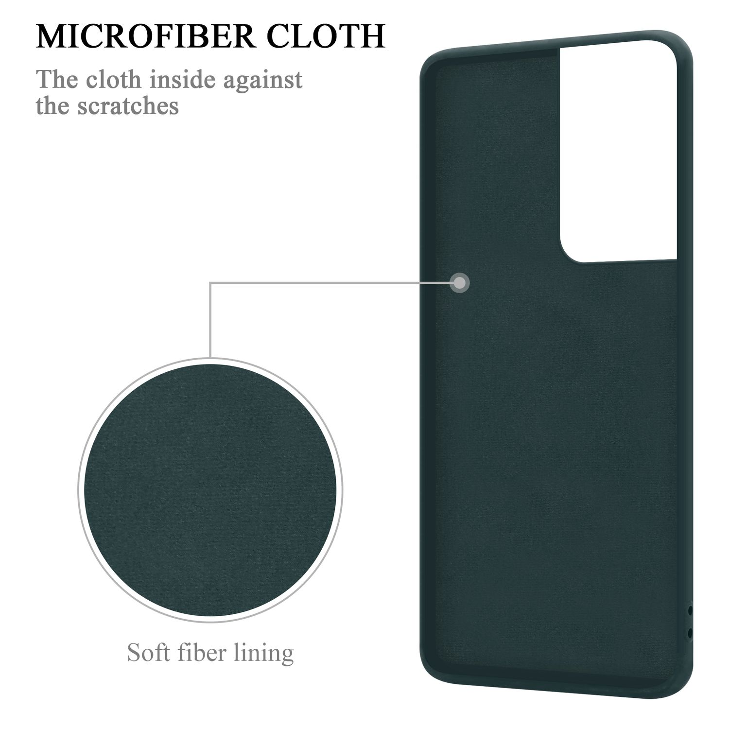 Panno in microfibra con fodera in fibra morbida. Colore verde, utilizzato all'interno della custodia del telefono. Sfondo bianco.