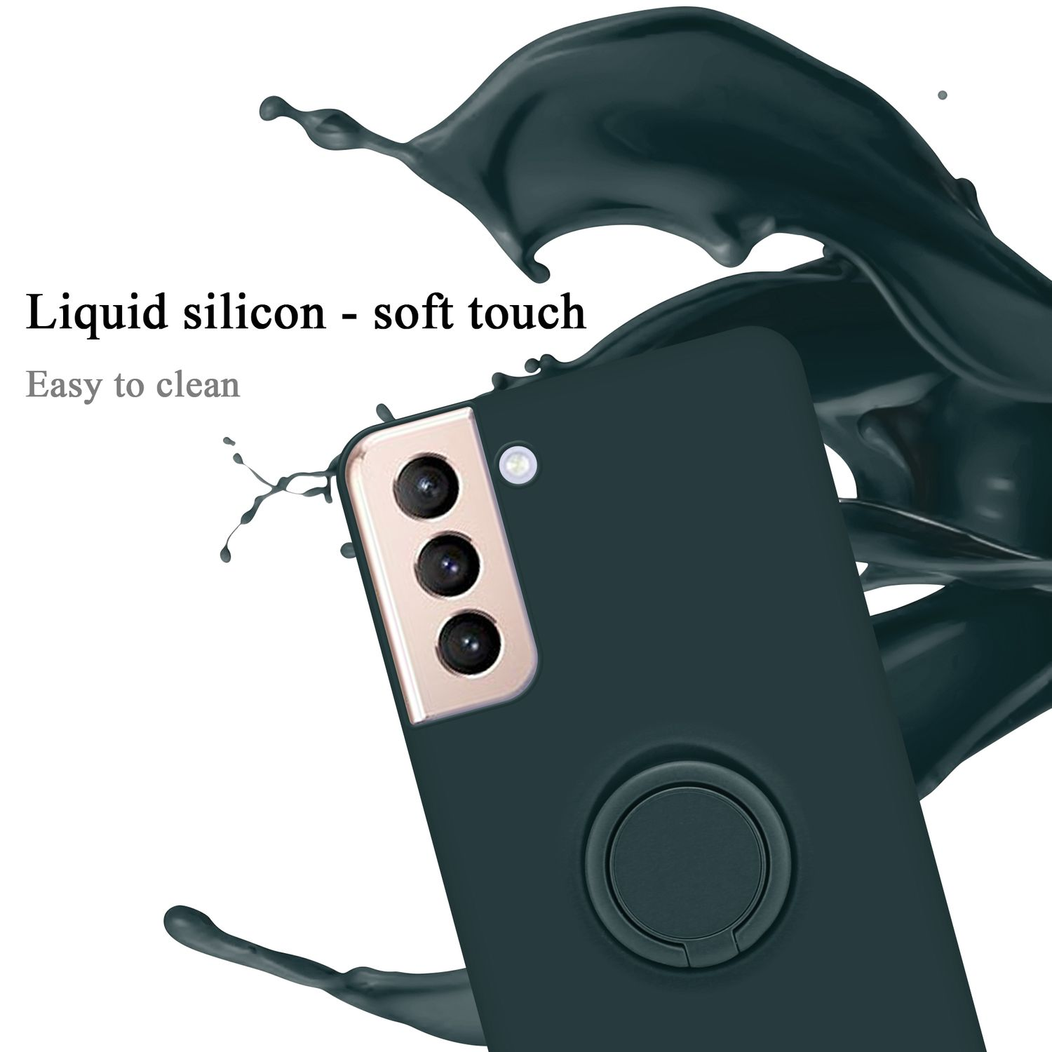 Custodia per telefono verde scuro con anello di supporto, con schizzo di liquido.