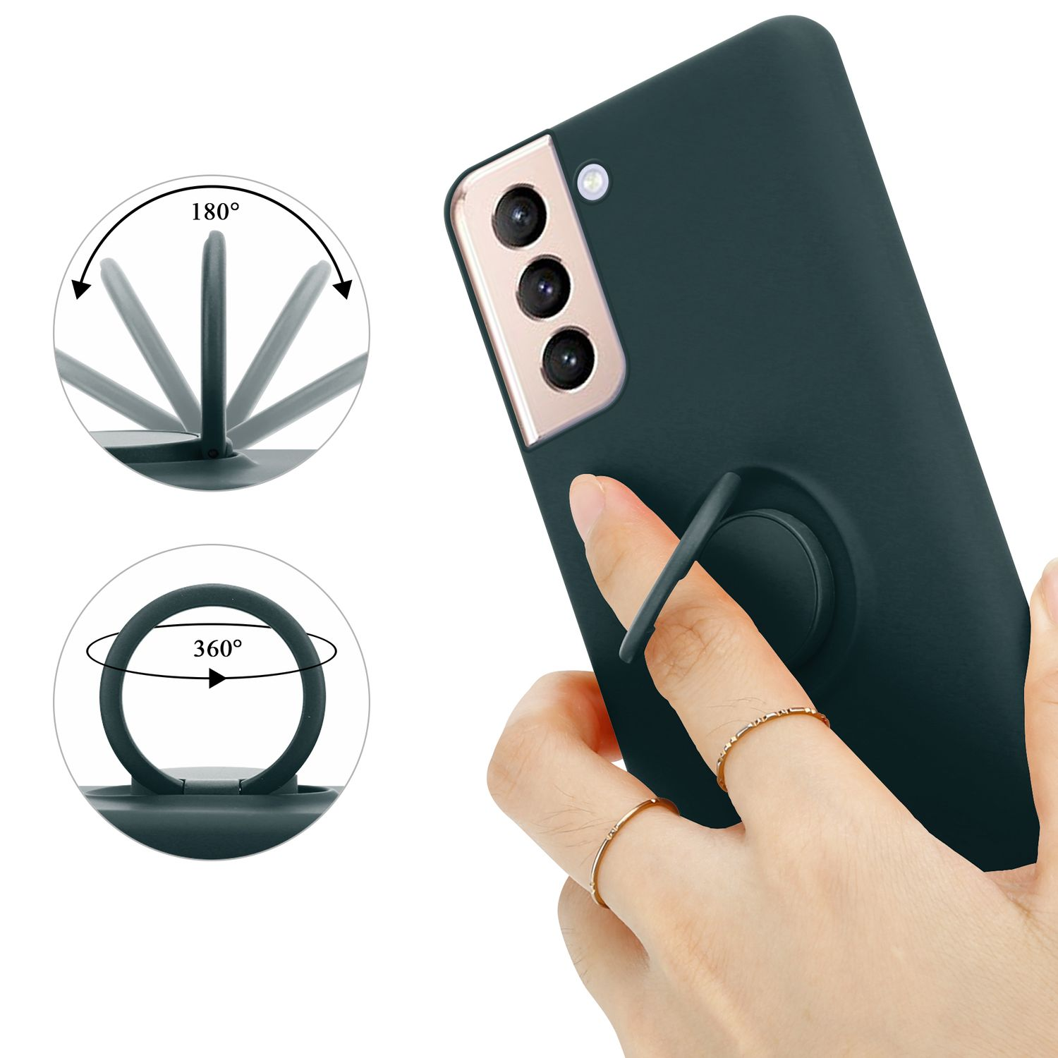 Una mano tiene un telefono verde scuro con un anello, diagramma del movimento.