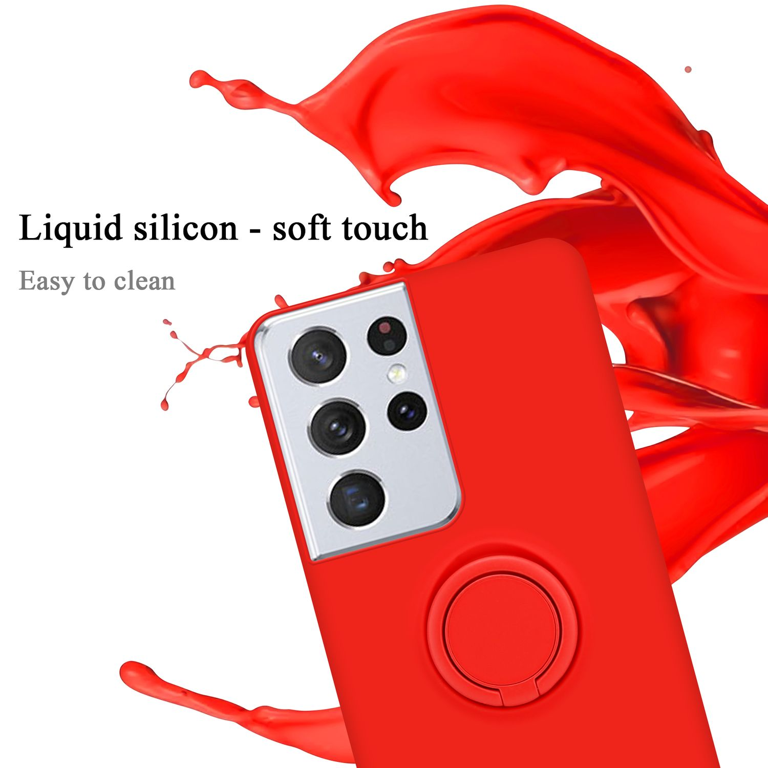 Custodia per telefono rossa con anello, fotocamera e grafica rossa.