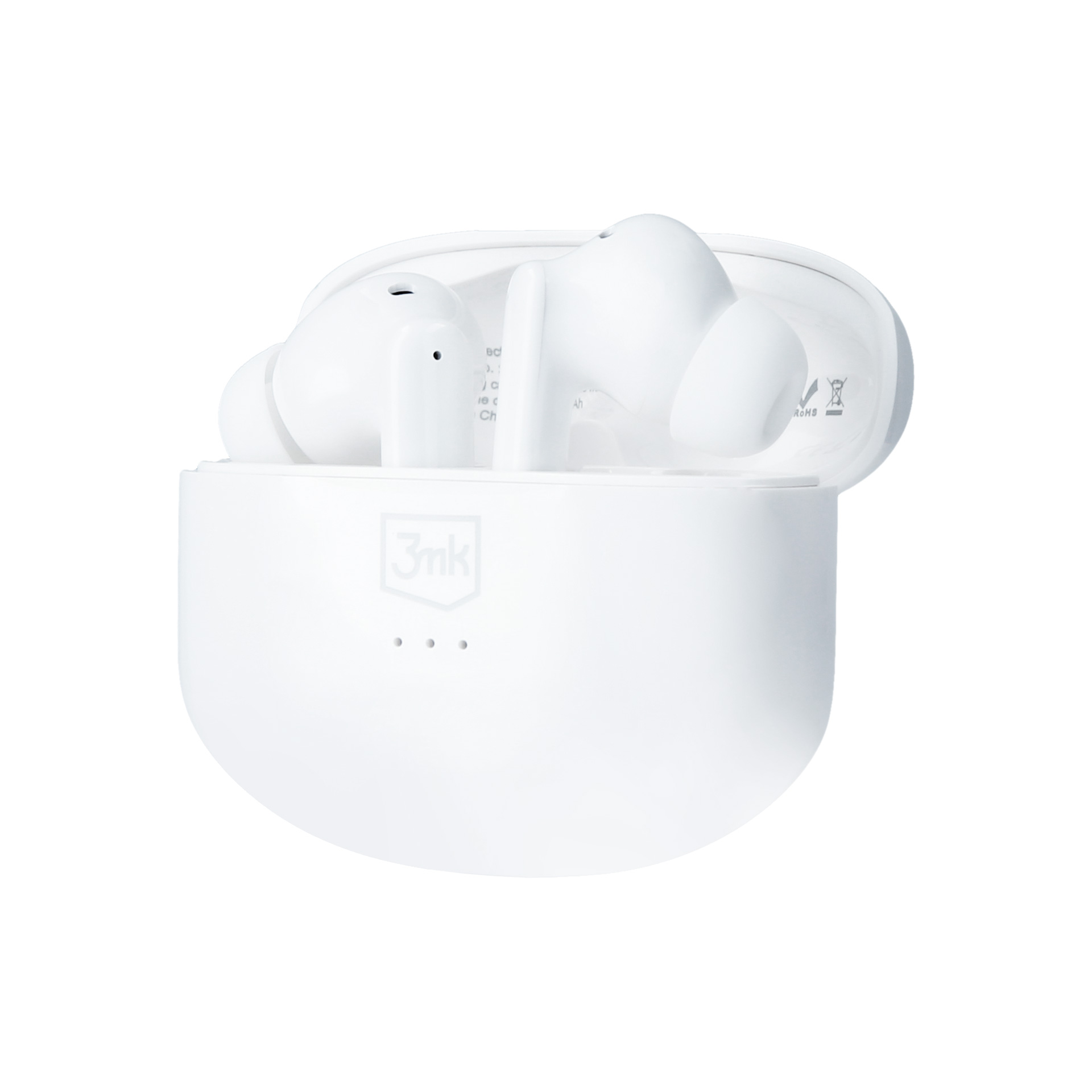 Auricolari bianchi in una custodia di ricarica con coperchio aperto su sfondo bianco.