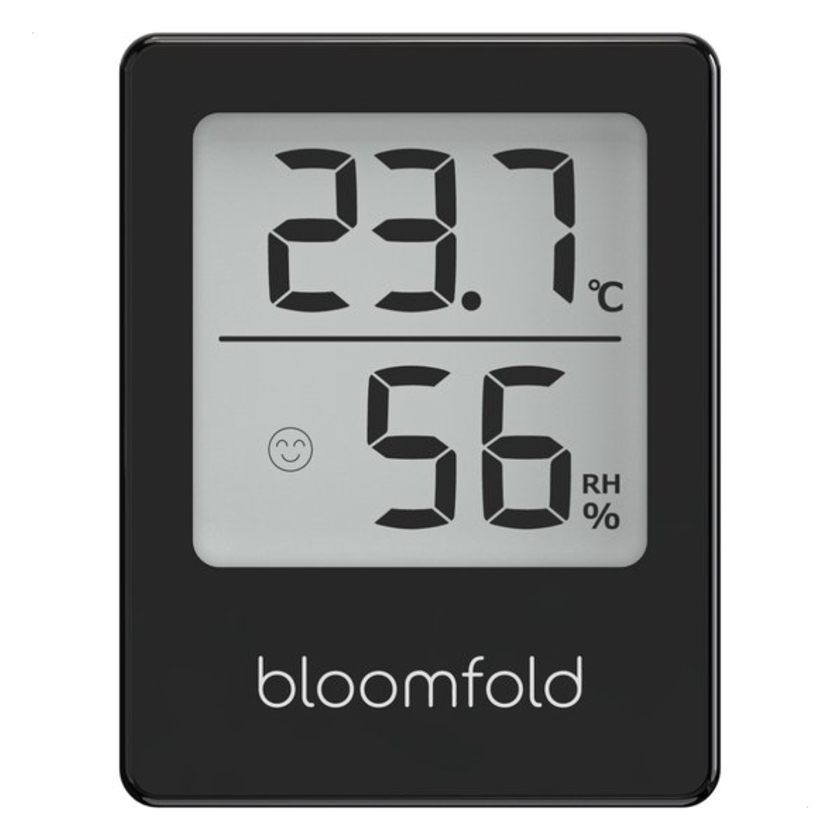 Schwarzes digitales Thermometer mit Anzeige: 23,7°C und 56% Luftfeuchtigkeit, mit 'bloomfold'-Logo.