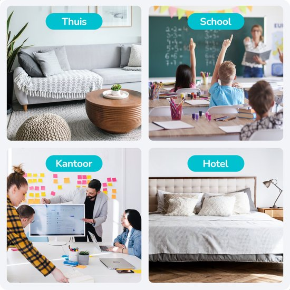 Vier Bilder mit Szenen zu Hause, in der Schule, im Büro und im Hotel.