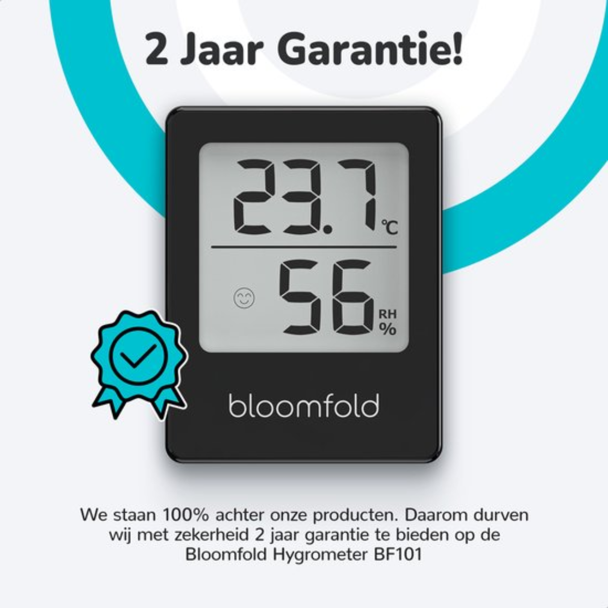 Schwarzes digitales Hygrometer zeigt 23,7°C und 56% RH. Text: 2 Jahre Garantie. Türkis Hintergrund.