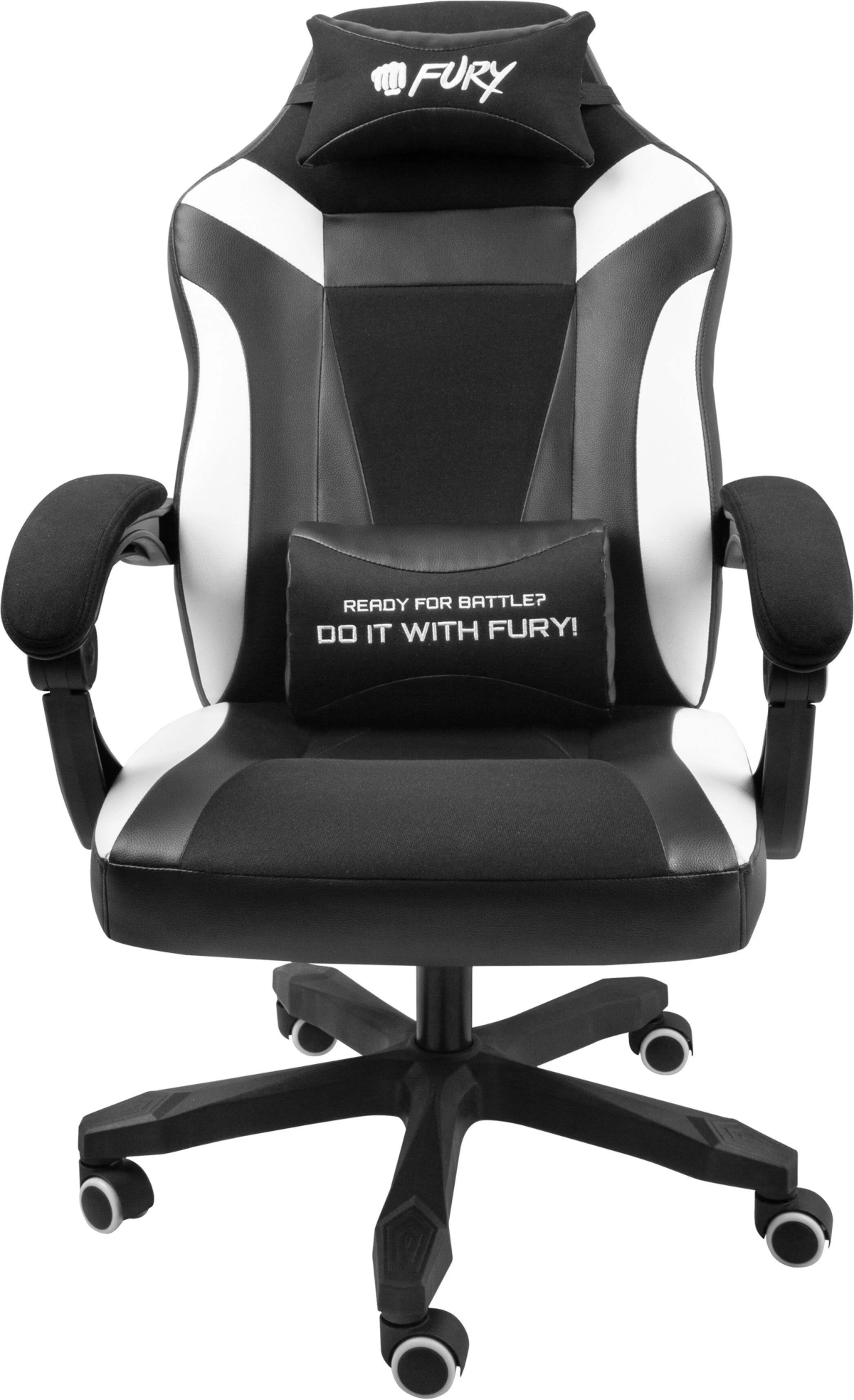 Silla gaming blanca y negra con reposacabezas. Logo Fury y cojín.