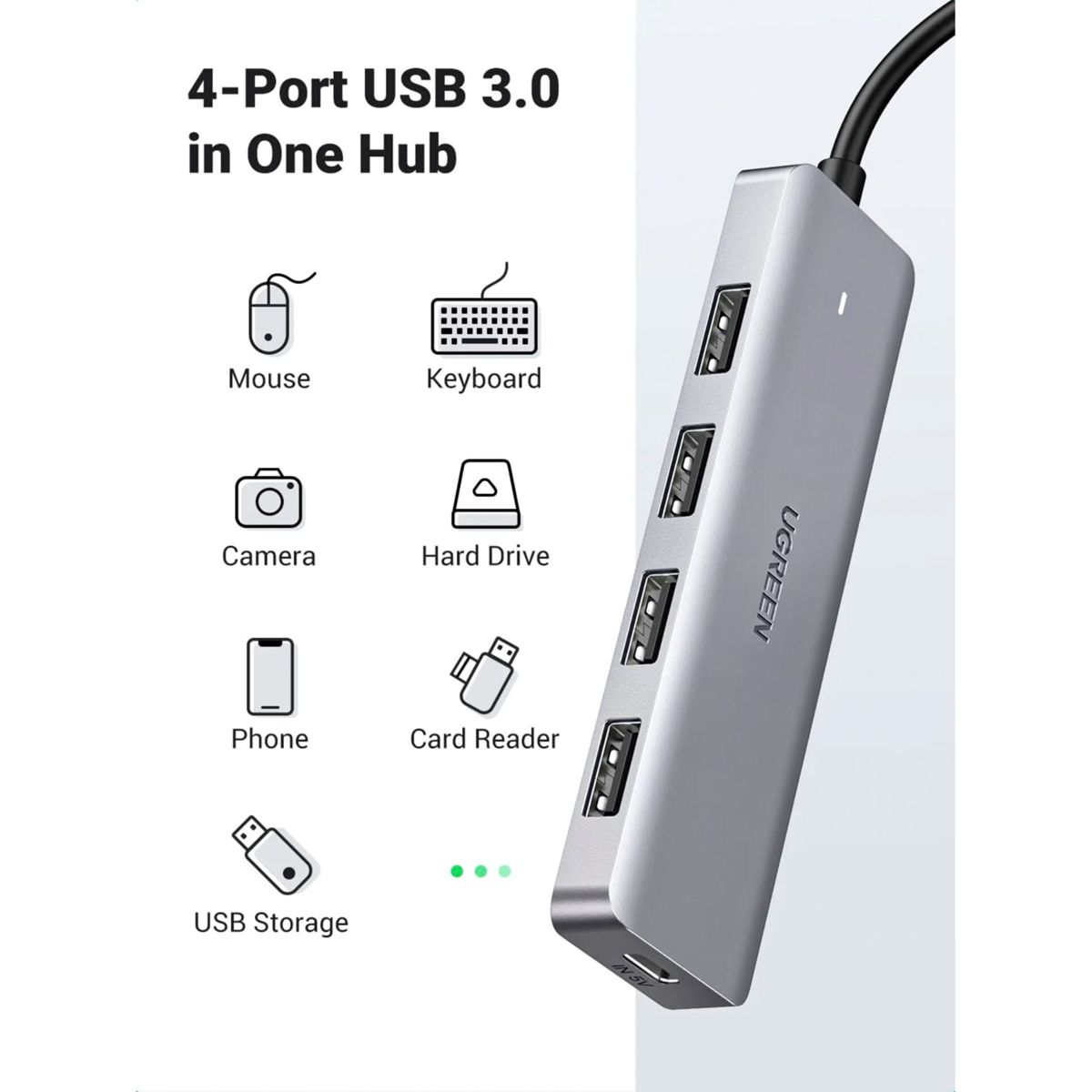 Srebrny hub USB 3.0. Wyświetla 4 porty USB z ikonami myszy, klawiatury, aparatu, dysku twardego, telefonu.