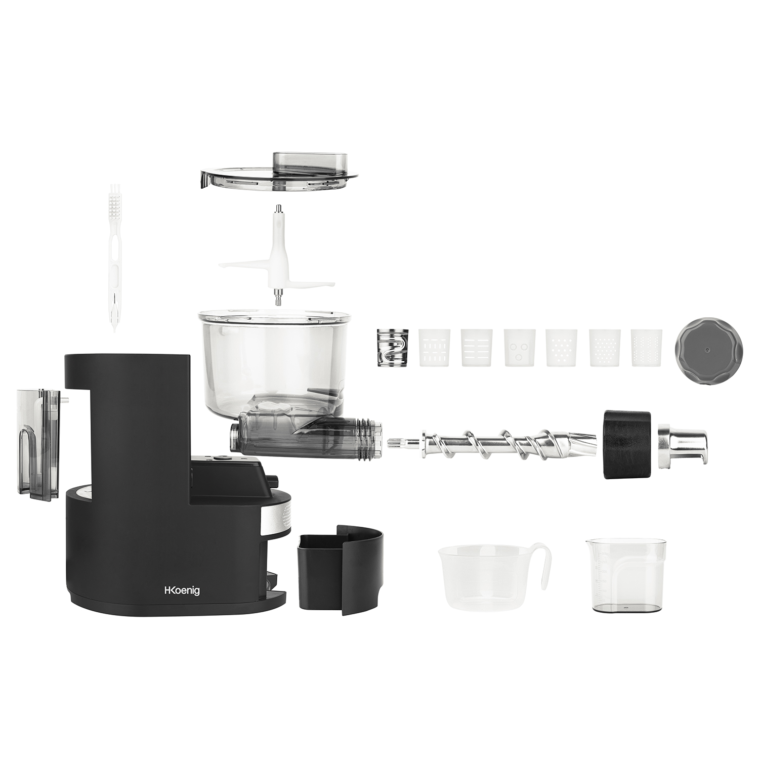 Robot da cucina smontato con parti separate su una superficie bianca.