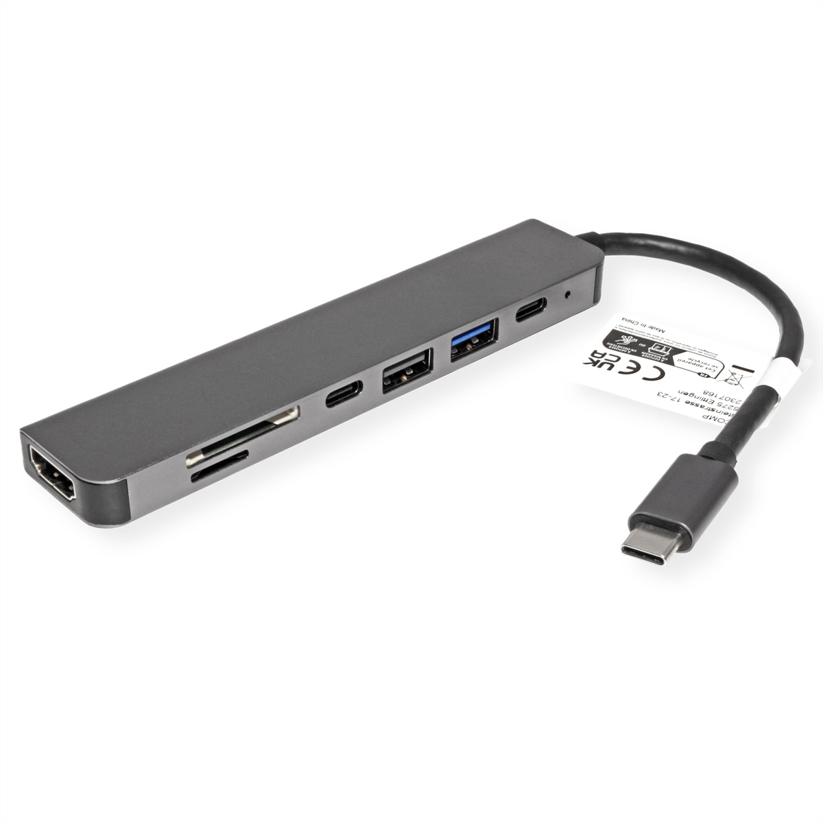 Un hub USB-C gris avec plusieurs ports: HDMI, USB et lecteur de carte SD. Fond blanc.