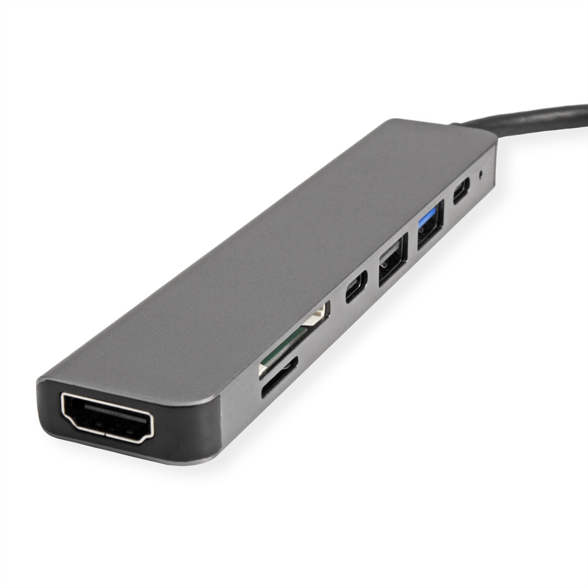 Un hub gris avec plusieurs ports, dont HDMI et USB.