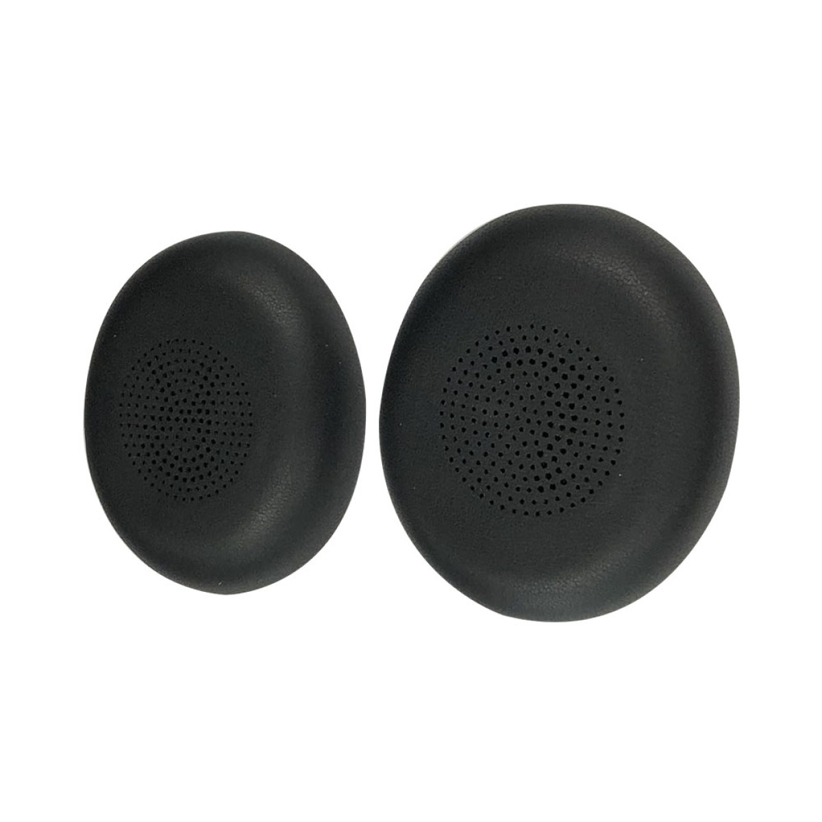 Dwie czarne, owalne poduszki nauszne do słuchawek na białym tle.