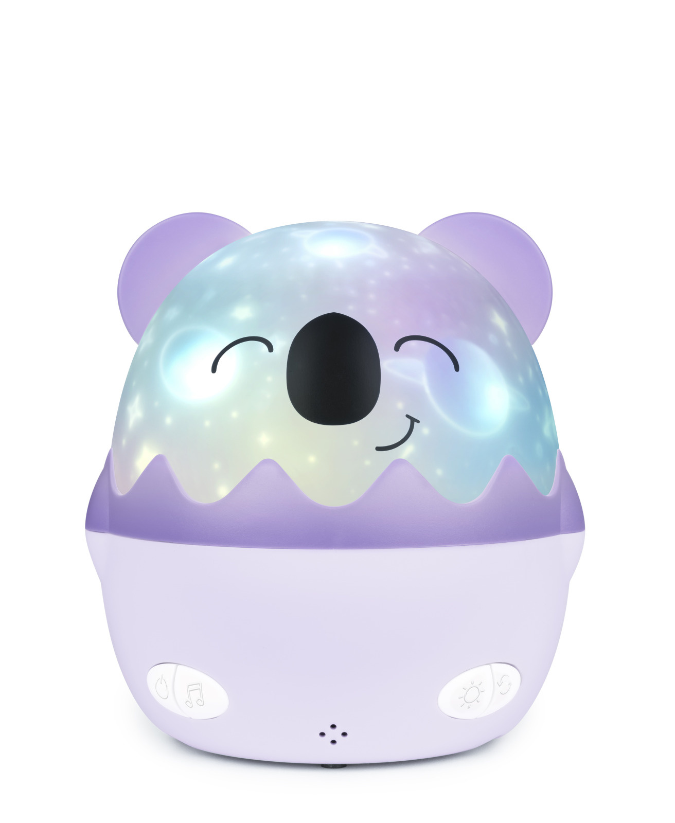 Lampka nocna koala, fioletowa i biała, z uśmiechniętą twarzą i projekcją światła.