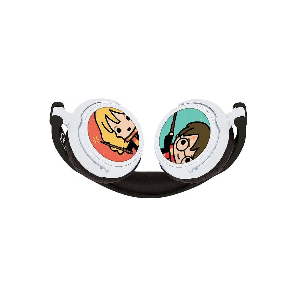 Auriculares blancos de Harry Potter con ilustraciones de Harry y Hermione, banda negra, fondo blanco.