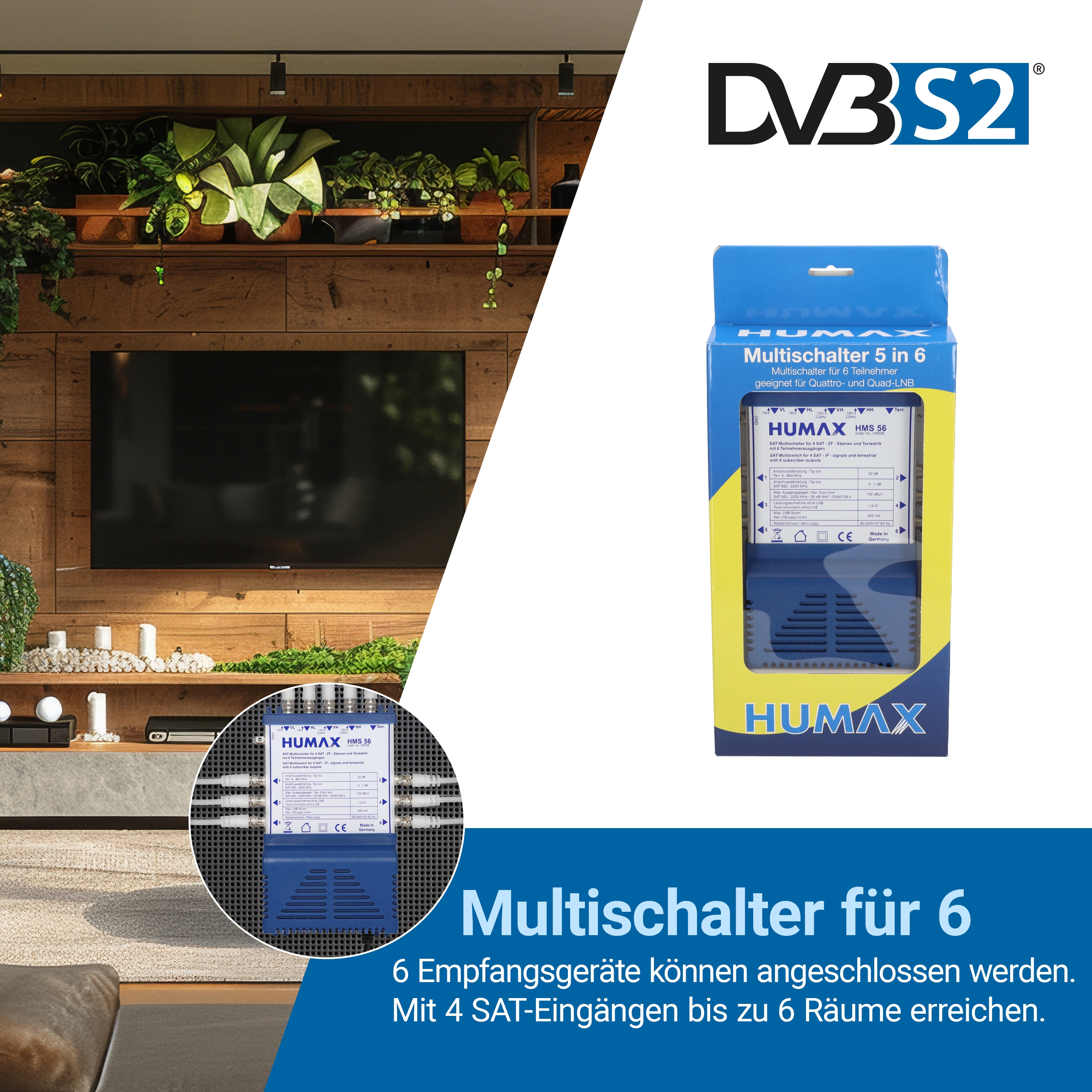 Ein an der Wand montierter Fernseher über einem Schrank. Ein Humax-Gerät wird in der Box und im Detail gezeigt.