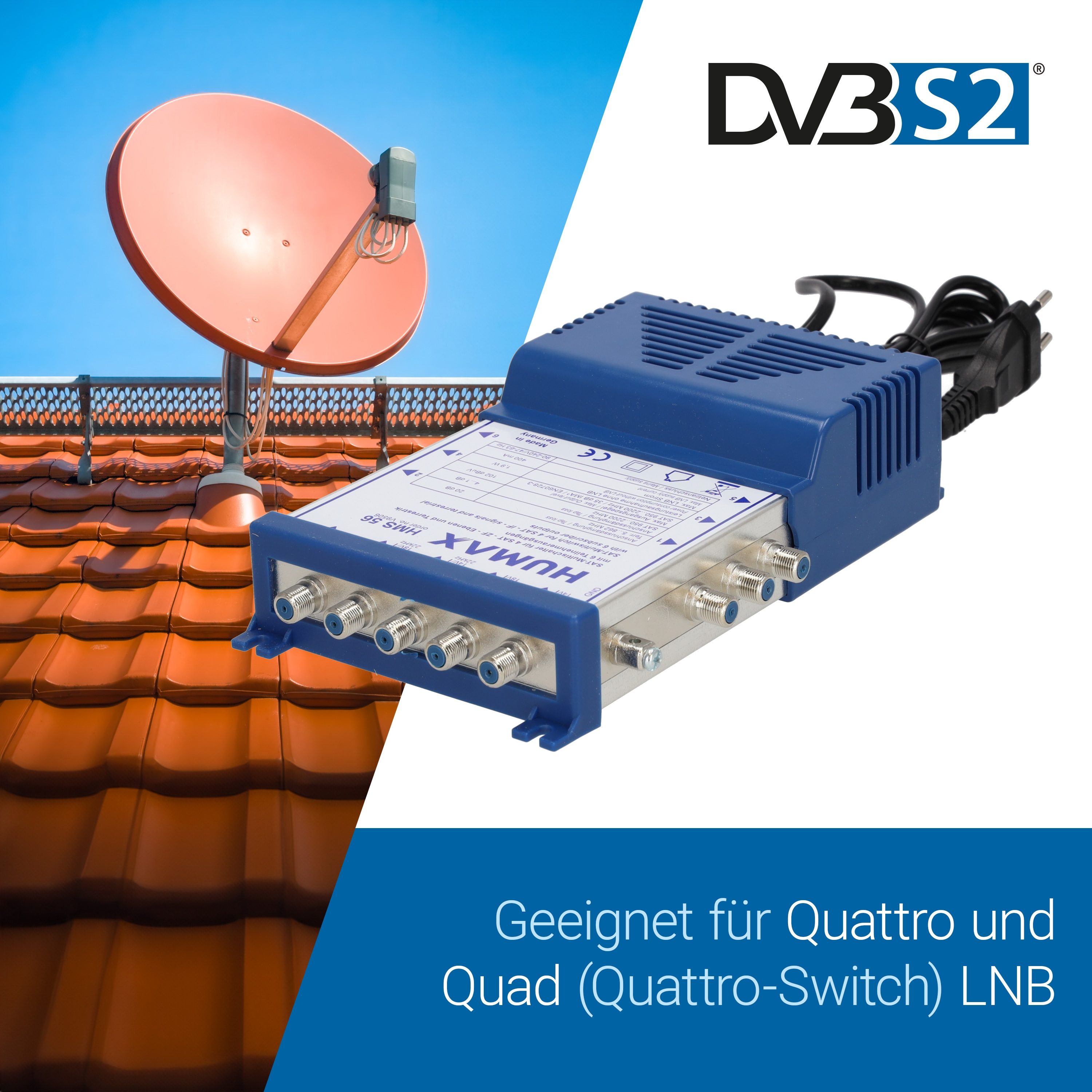 Satellitenschüssel auf einem Dach und eine blaue Empfängerbox mit mehreren Anschlüssen.