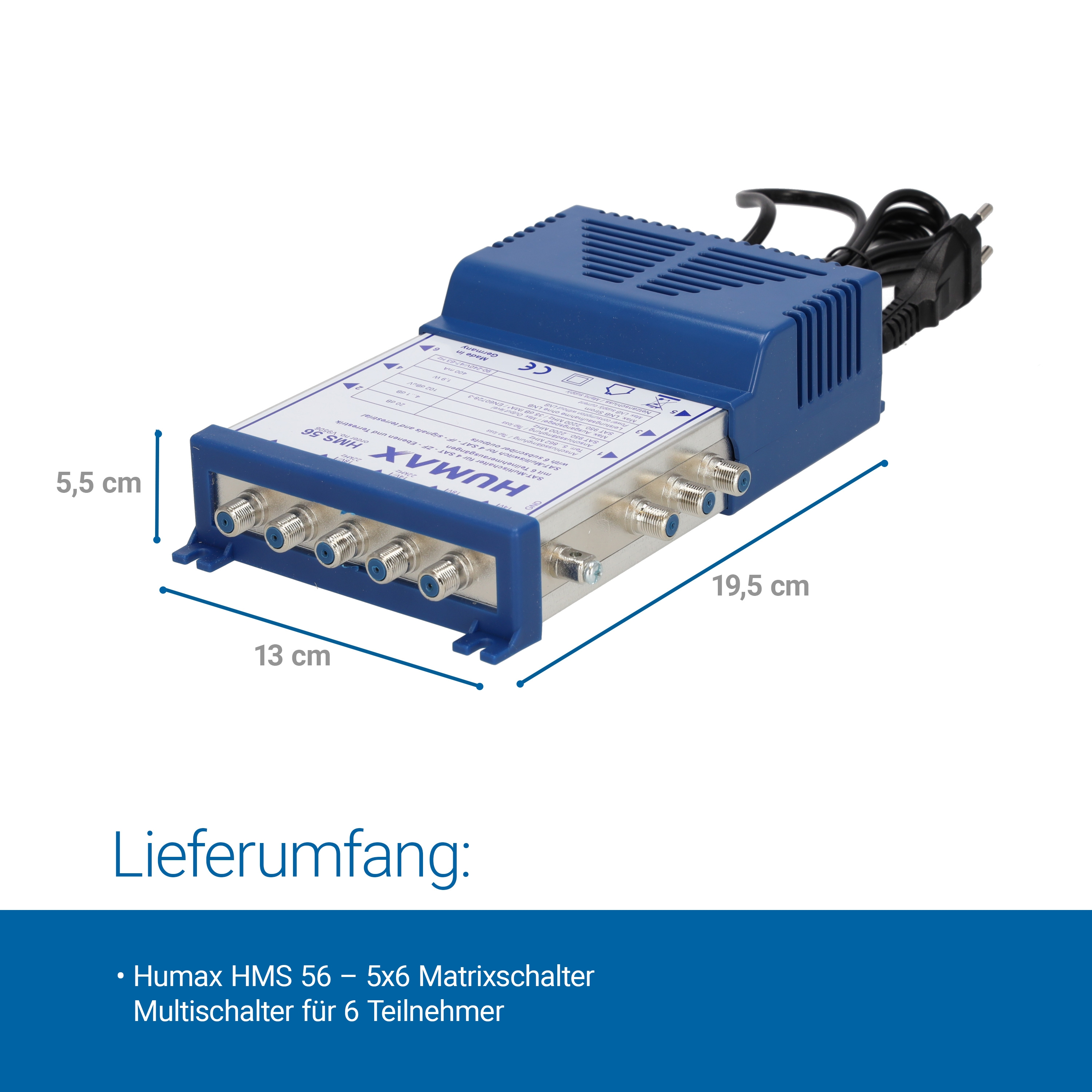 Humax HMS 56 Matrix-Schalter, Abmessungen und Anschlüsse auf Weiß.