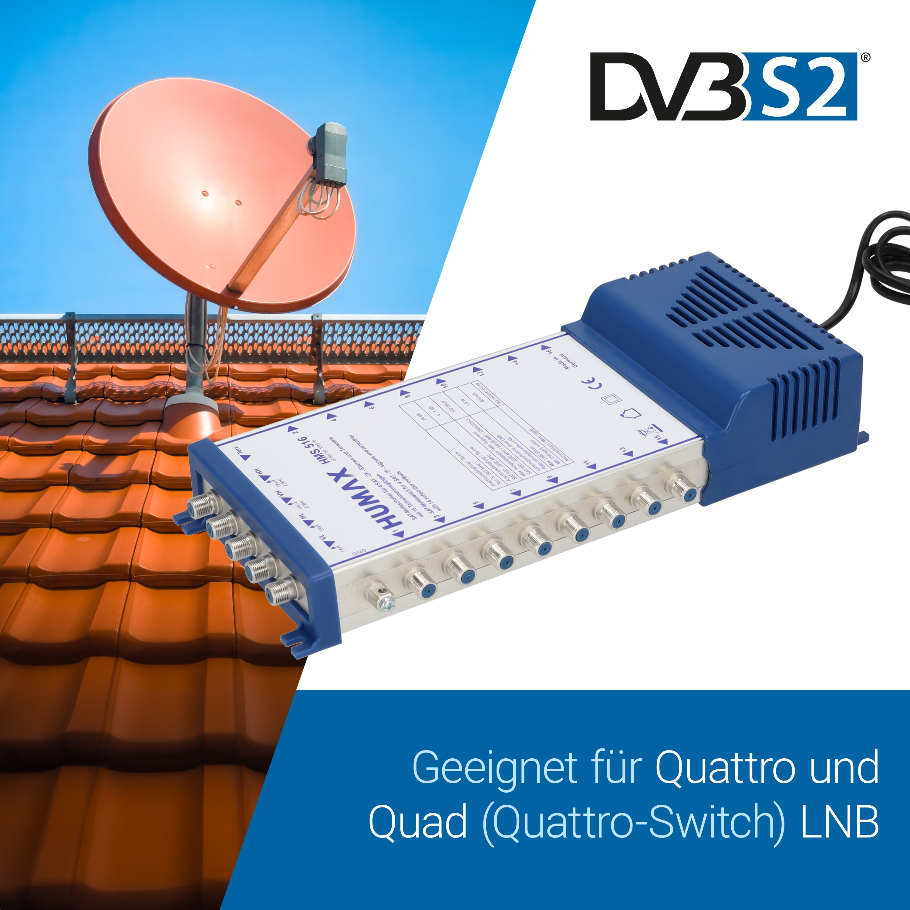 Satellitenschüssel auf rotem Ziegeldach, darunter blaue Empfängerbox. Der Himmel ist klar und blau.