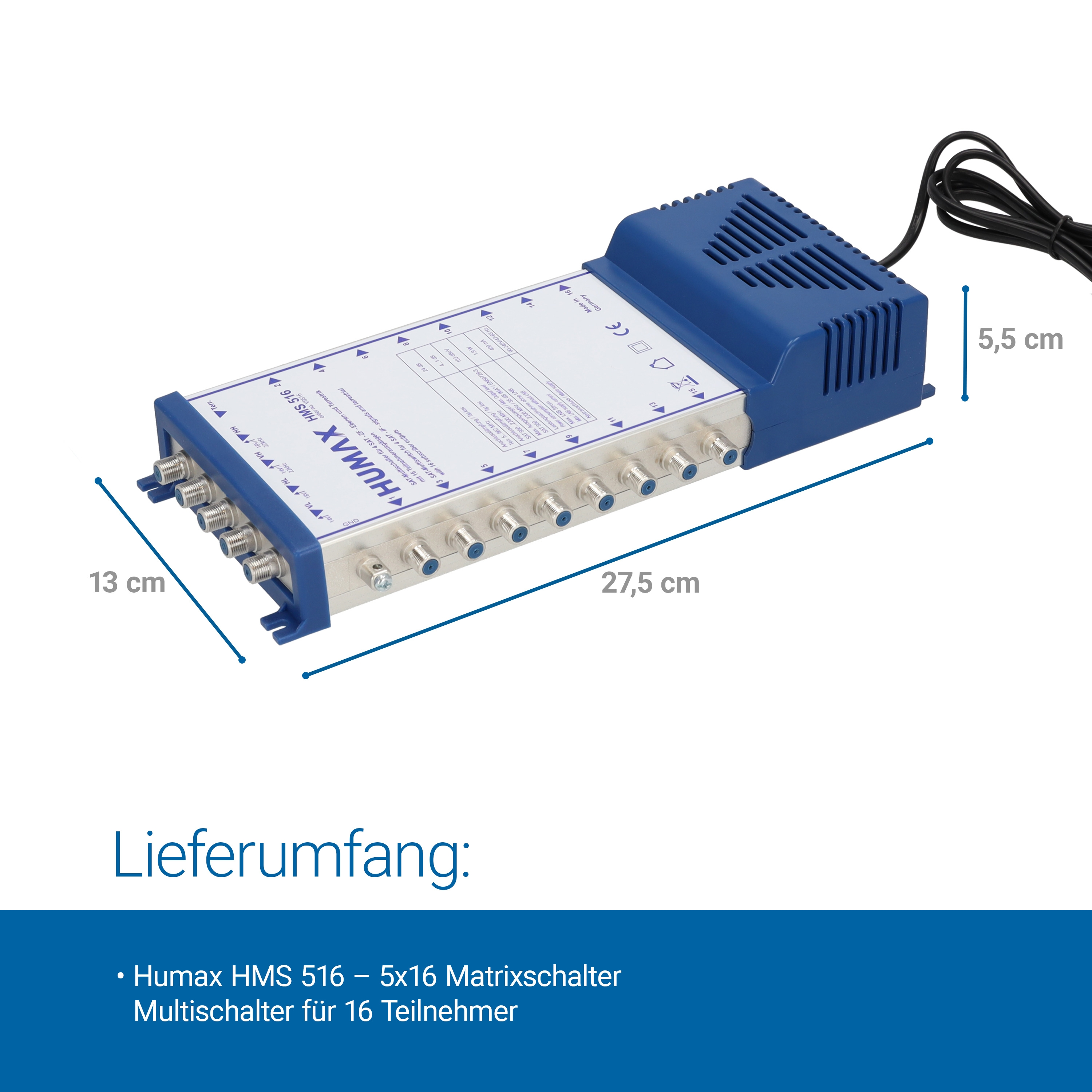 Blauer und silberner Humax HMS 516 Matrix Switcher mit Abmessungen und Textbeschriftungen.