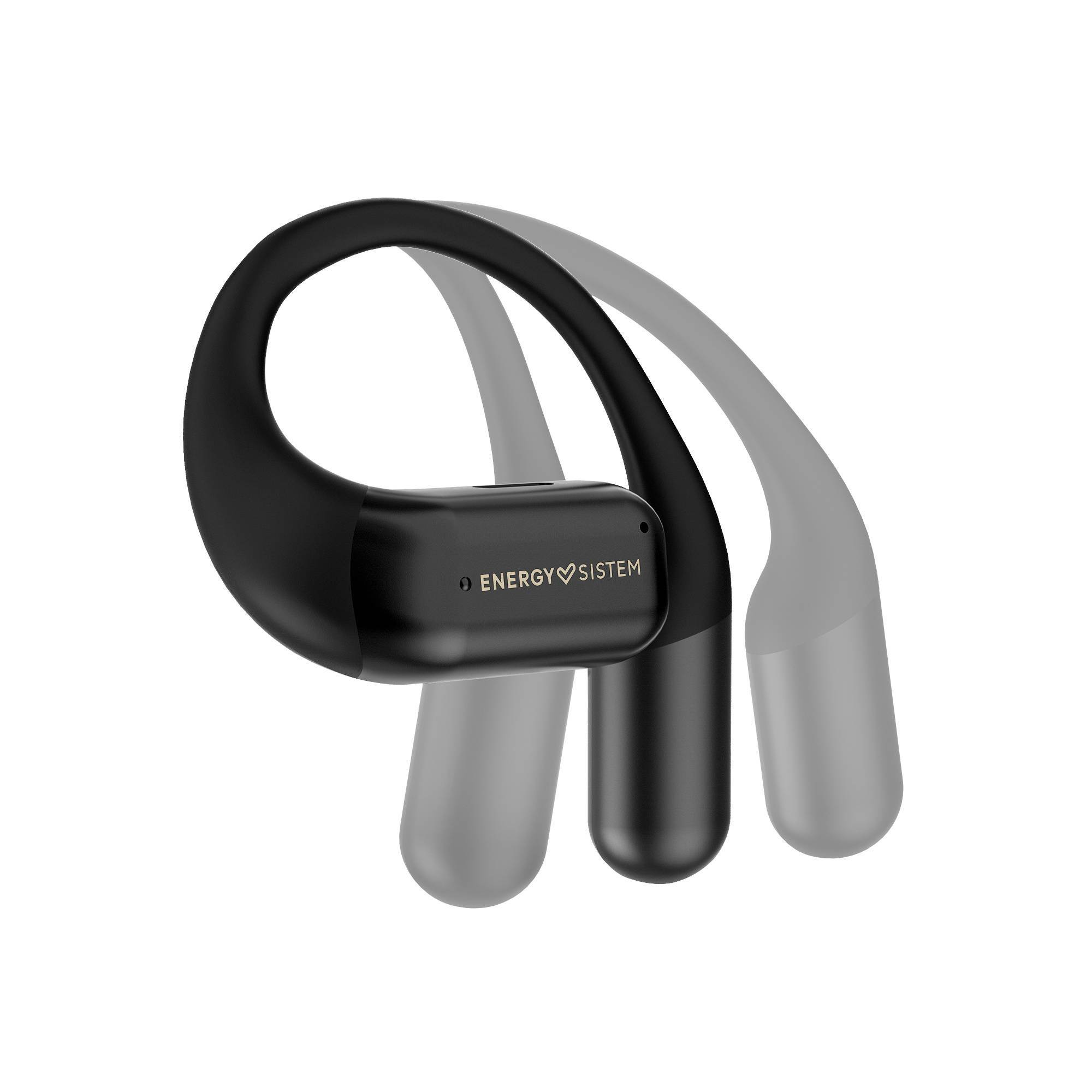 Cuffie wireless nere. Il design ha un anello che va attorno all'orecchio.