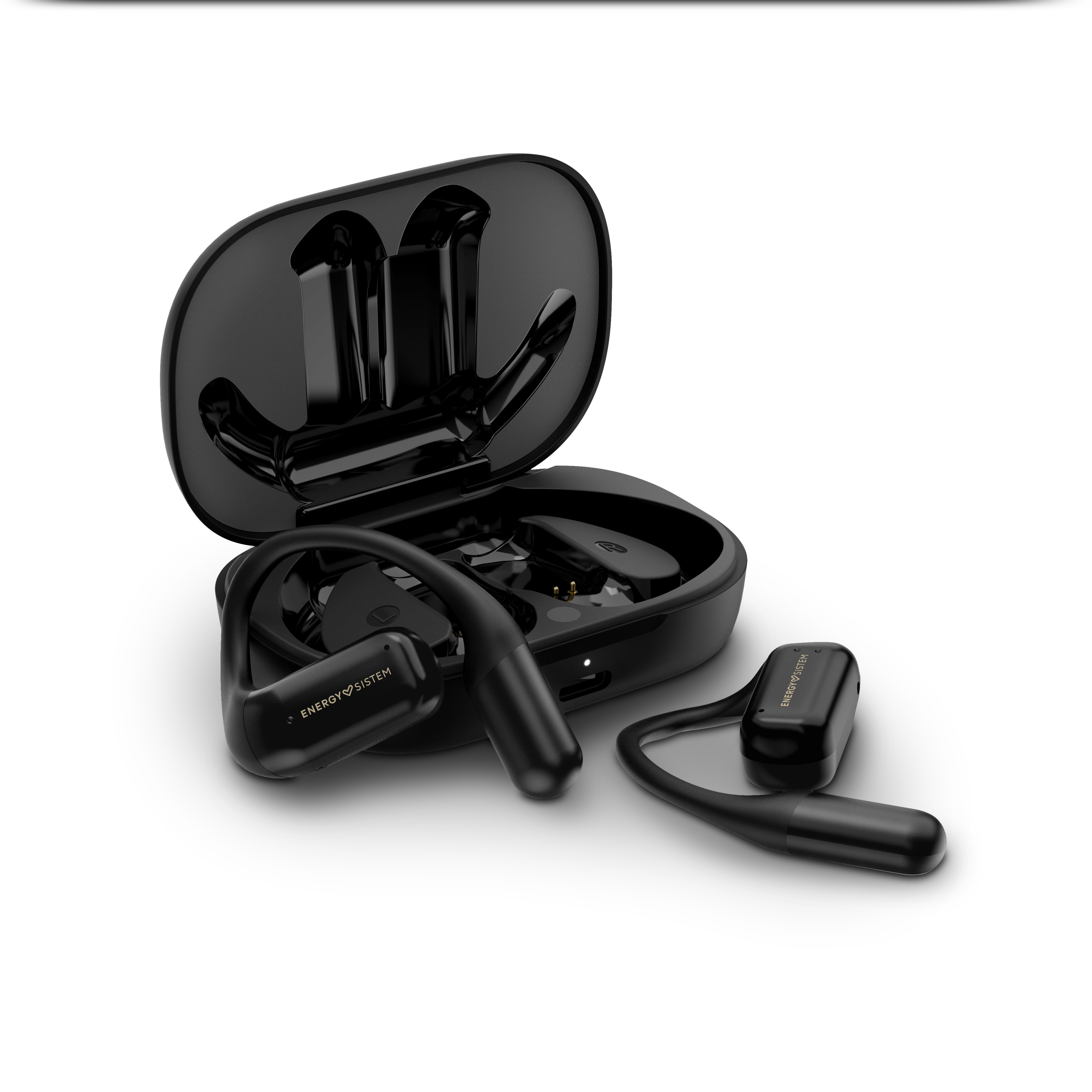 Auricolari wireless neri nella loro custodia di ricarica, con un auricolare staccato. Sfondo bianco.