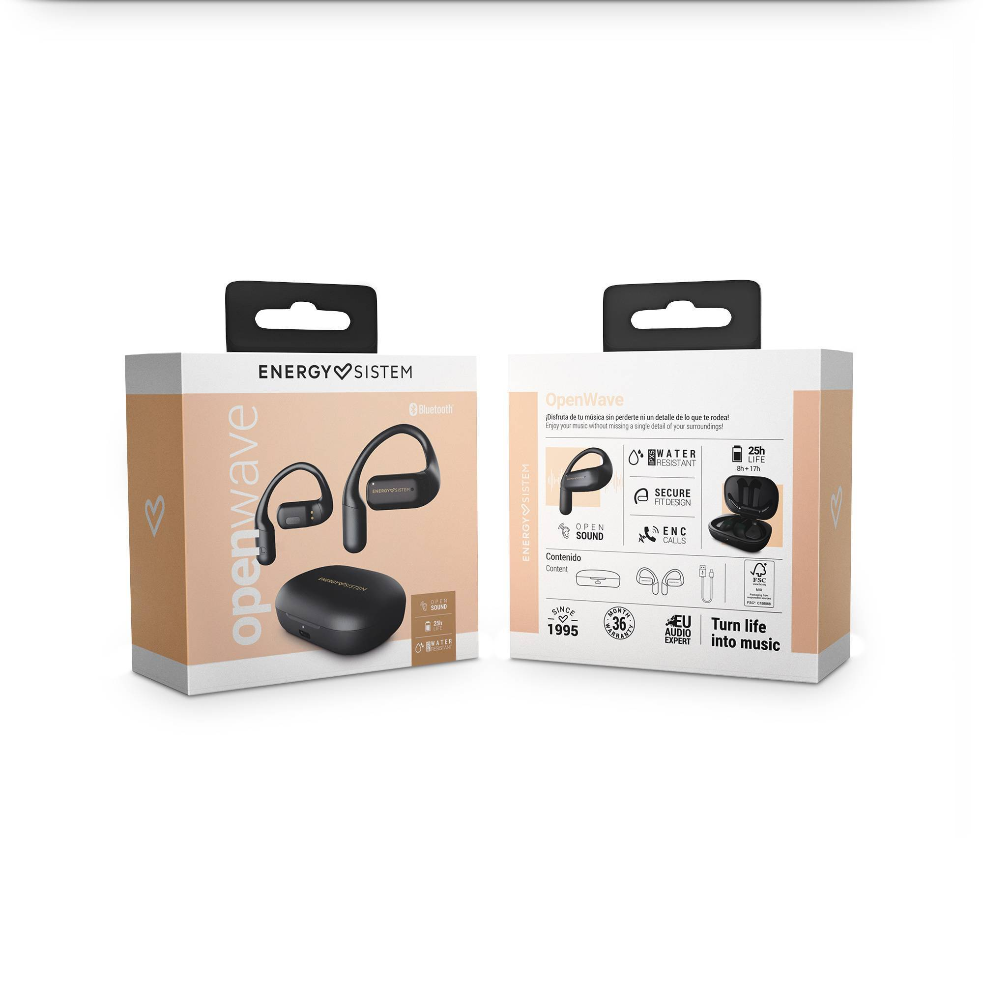 Auricolari e custodia neri su una scatola, dettagli del prodotto e marchio visibili.