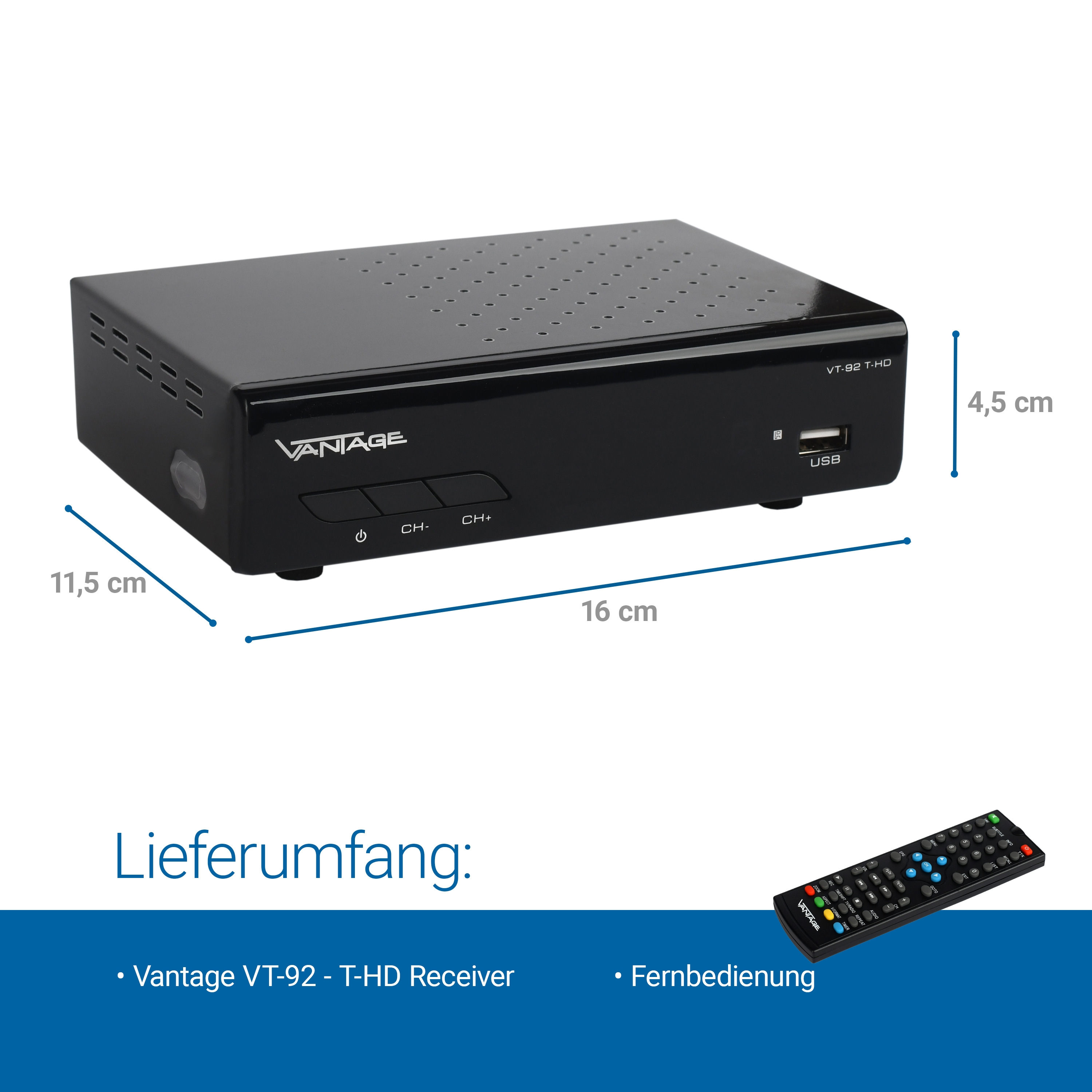 Schwarzer TV-Receiver mit Maßangaben, Fernbedienung enthalten.