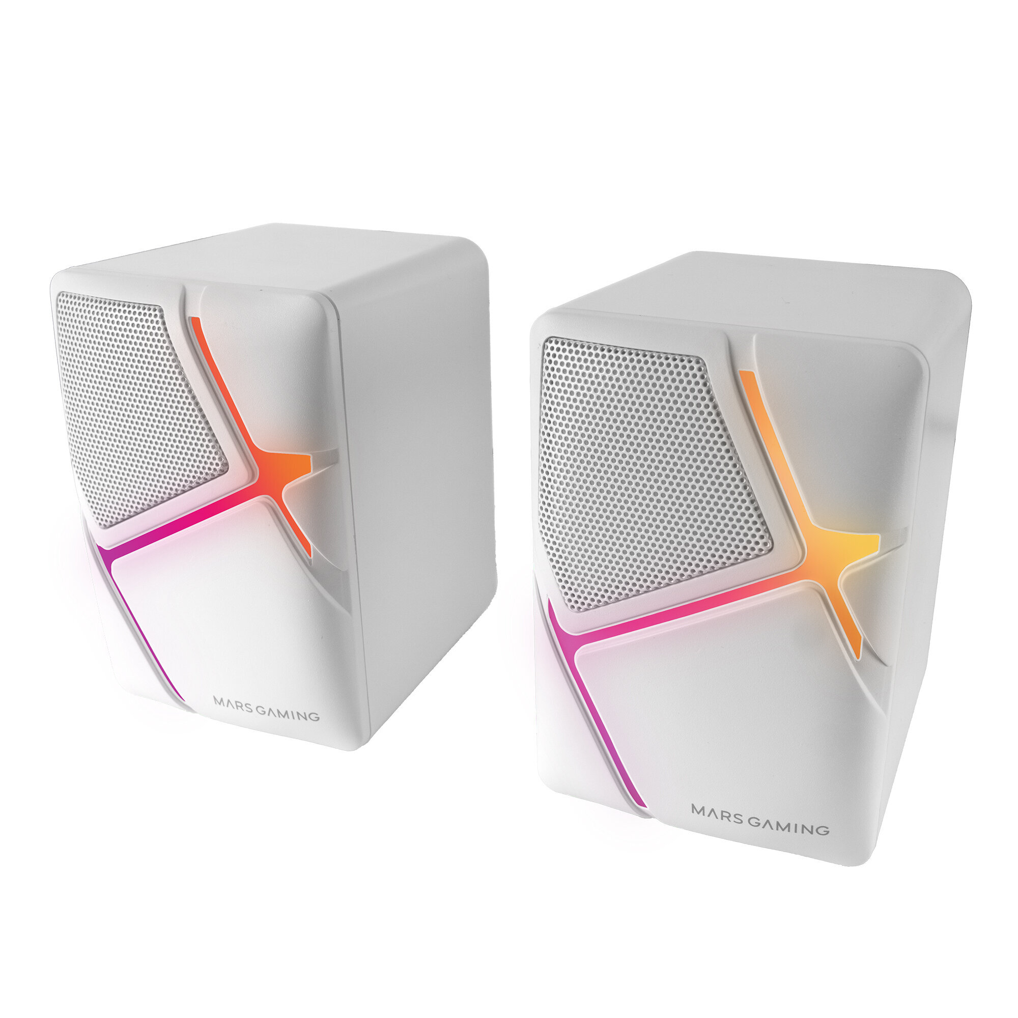 Due altoparlanti bianchi con illuminazione arancione e rosa su sfondo bianco.